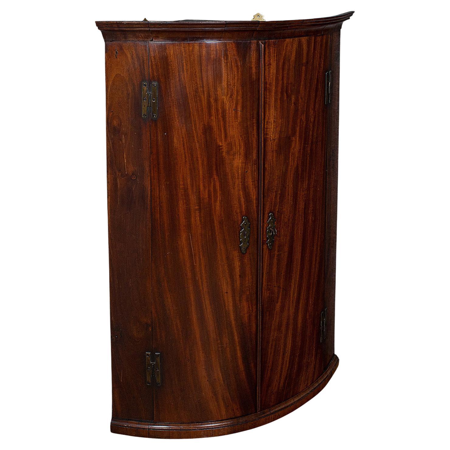 Antique Bow Front Corner Cabinet, English, Oak, Wall Mount Cupboard, Georgian