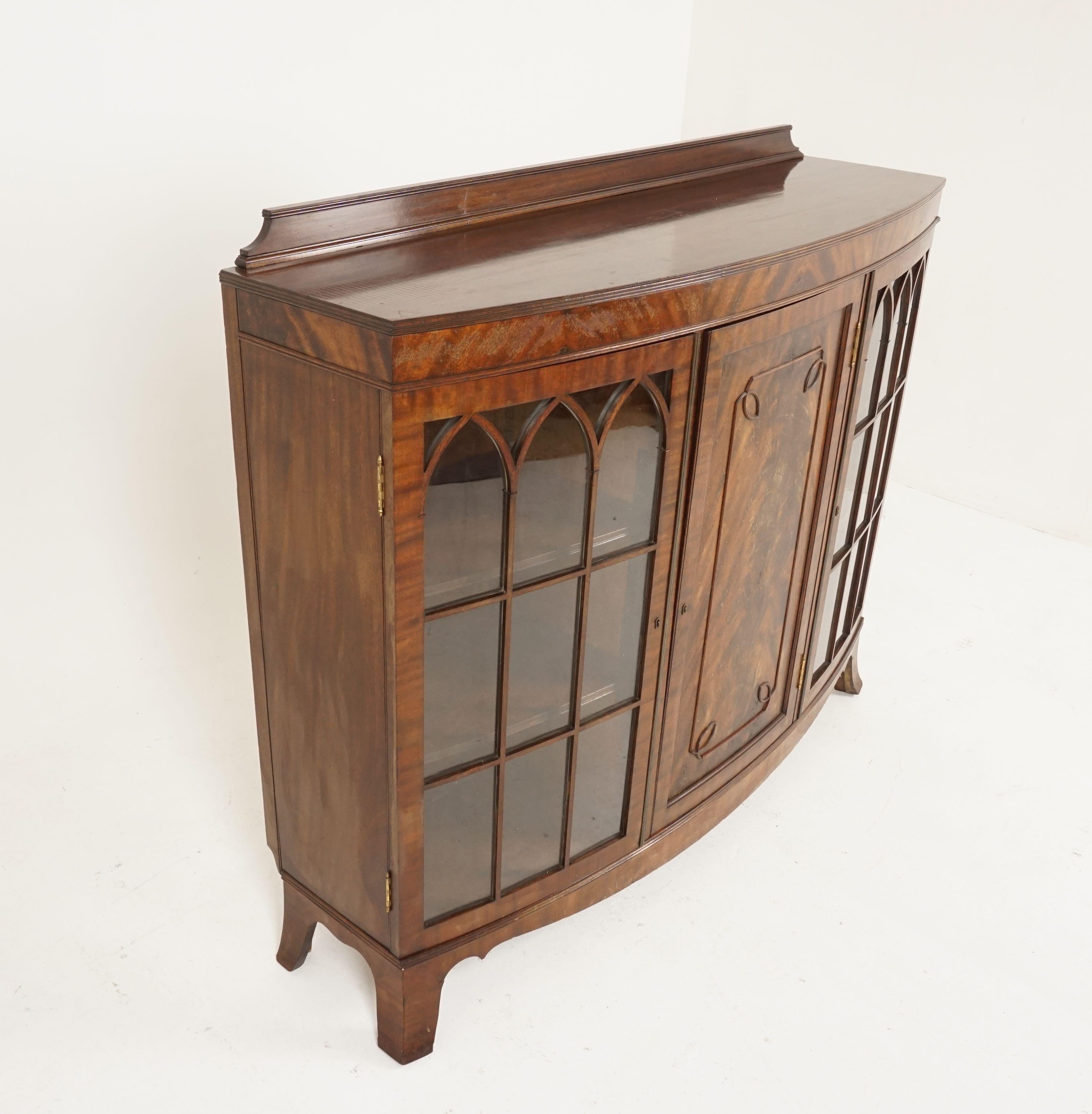 Scottish Antique Bow Front Mahogany Bookcase, 3 Door Display Cabinet, Scotland 1920 B2165