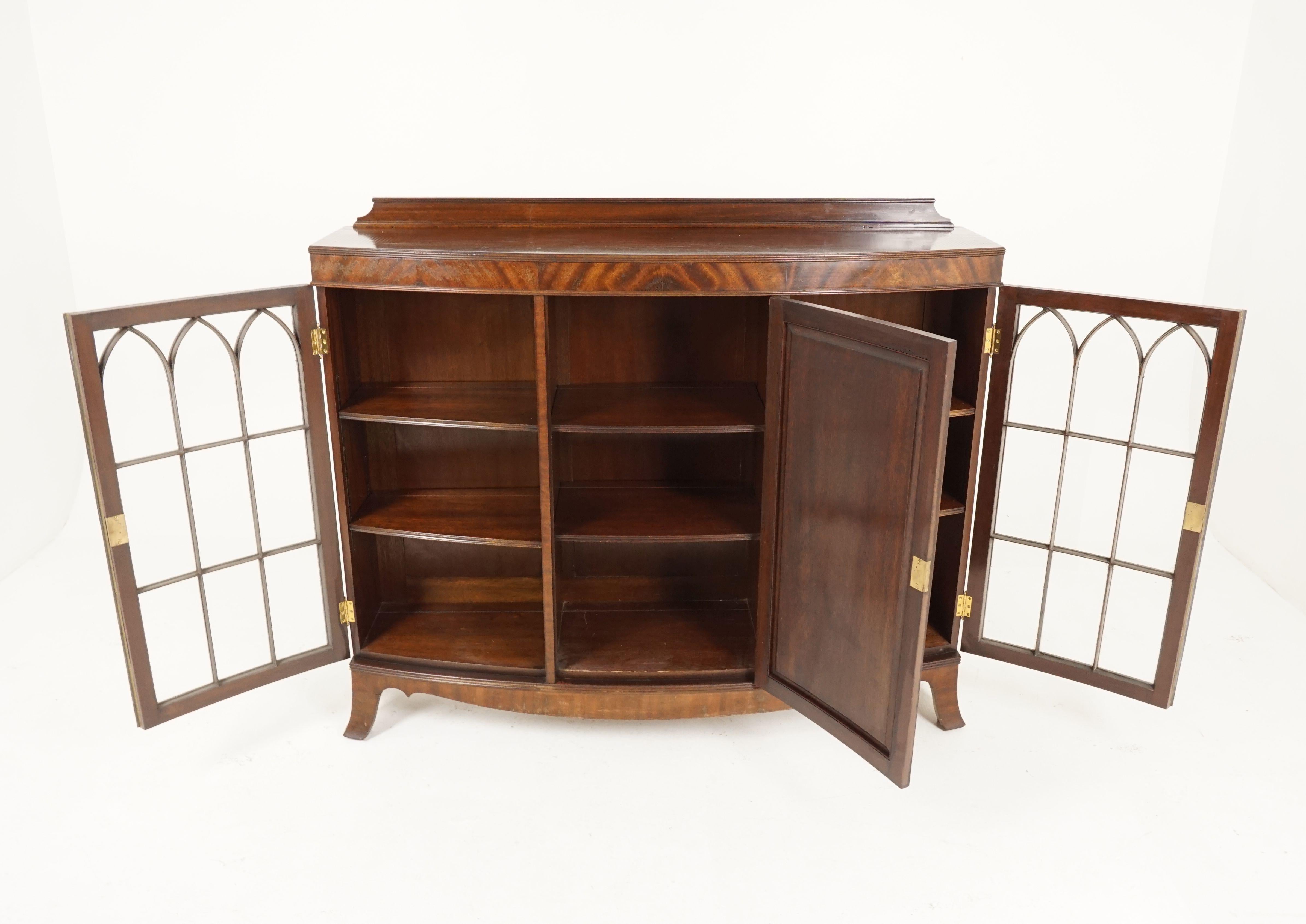 Hand-Crafted Antique Bow Front Mahogany Bookcase, 3 Door Display Cabinet, Scotland 1920 B2165