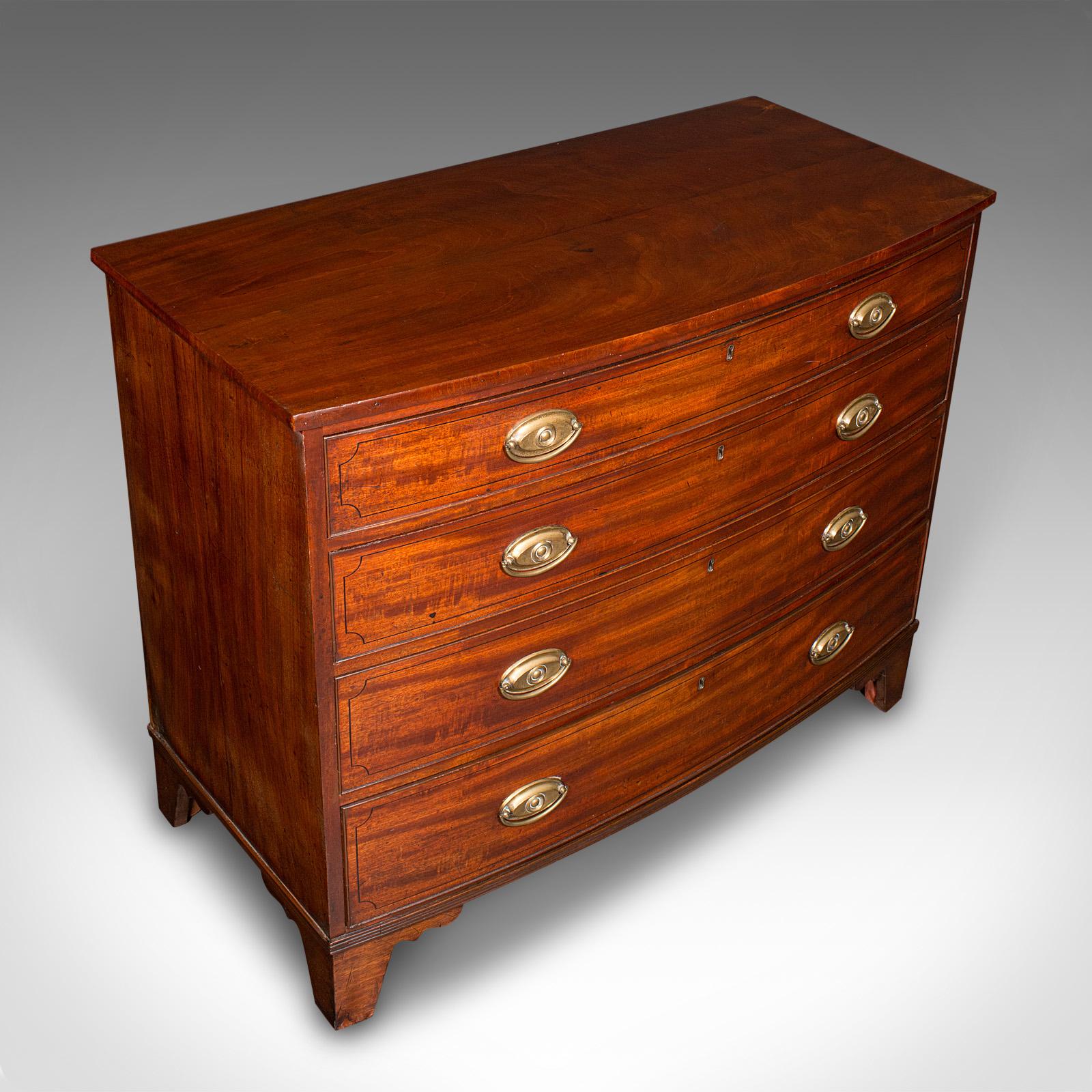 Brass Antique Bow Front Tallboy, English, Chest of Drawers, Bedroom, Georgian, C.1780