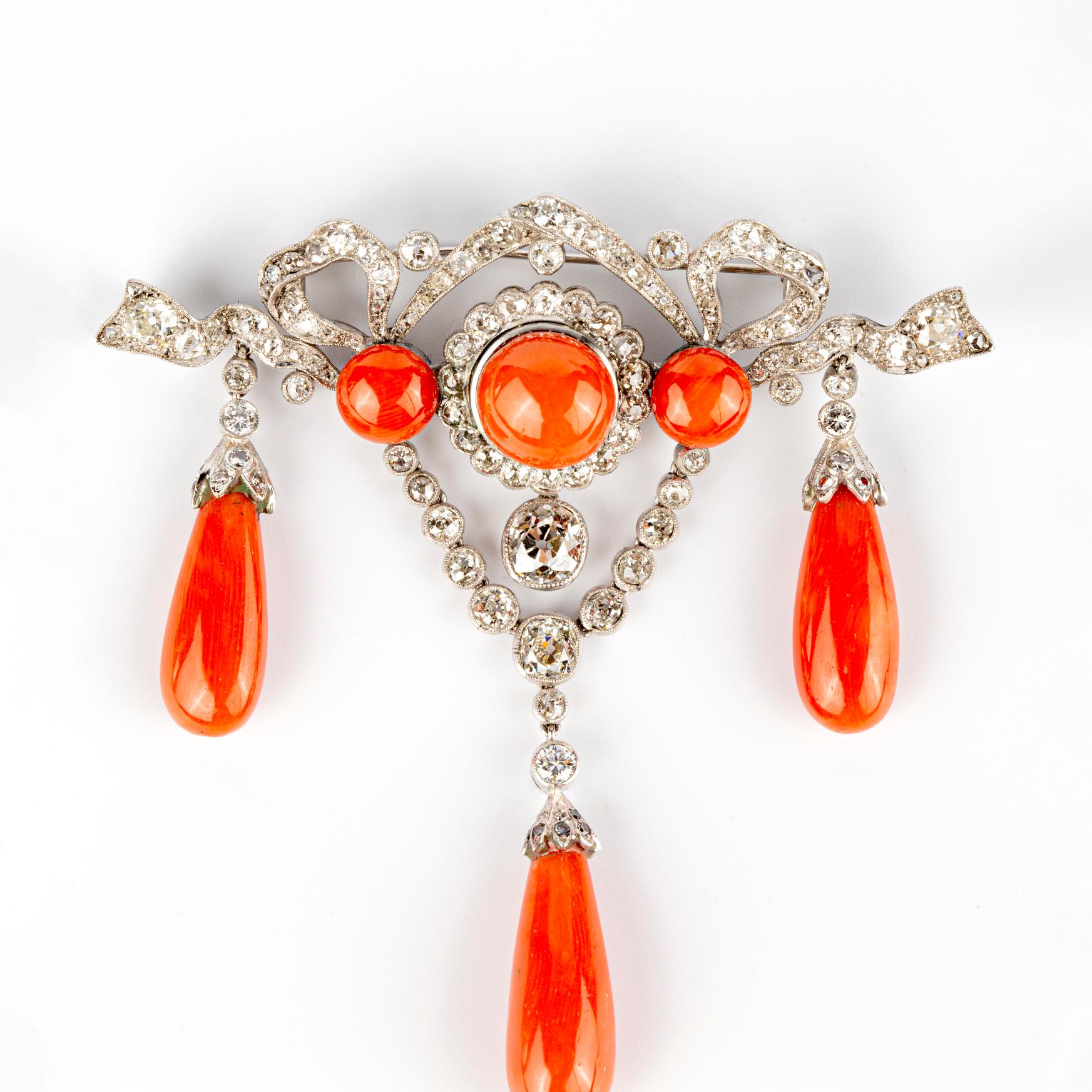 Mixed Cut Antique Bow Ribbon Style Brooch with Old Cut Diamonds and Fine Red Coral For Sale