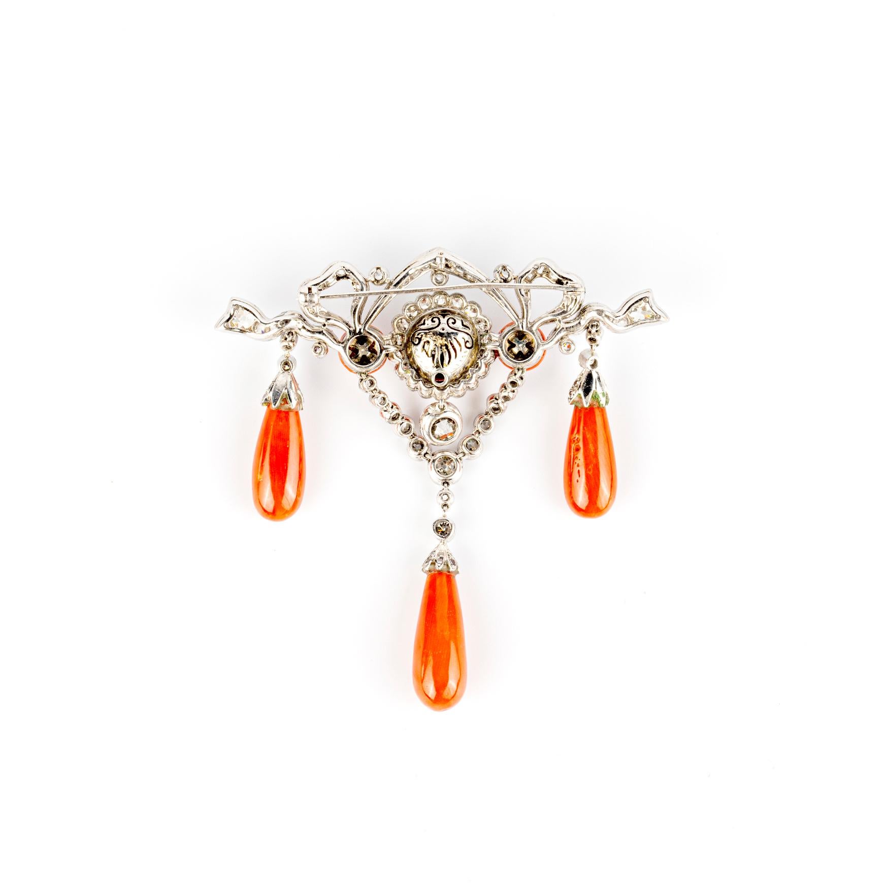 Antique Bow Ribbon Style Brooch with Old Cut Diamonds and Fine Red Coral In Excellent Condition For Sale In New York, NY