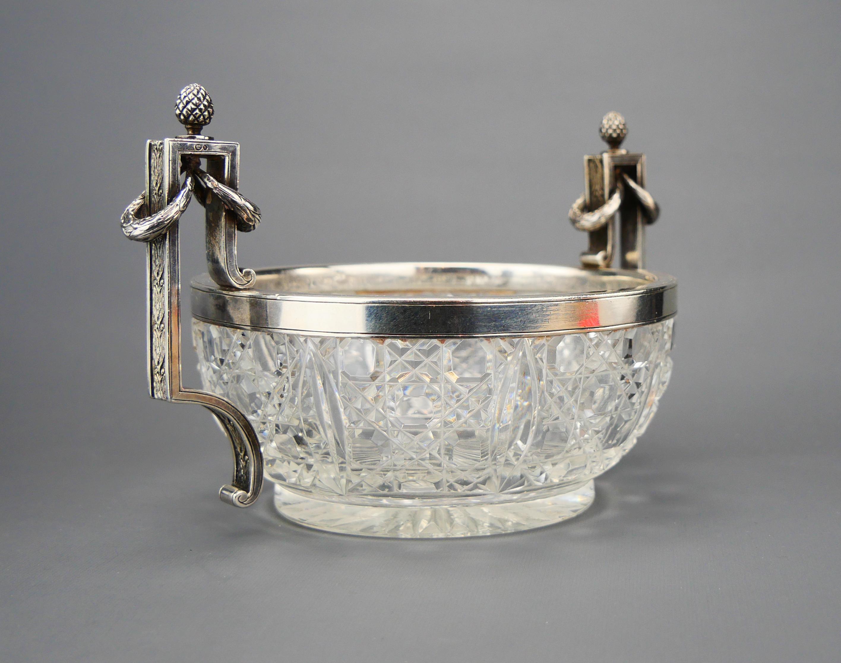 Rose Cut Antique Bowl K.Faberge Russian Empire solid 84 Silver Cut Crystal Glass / 440gr For Sale
