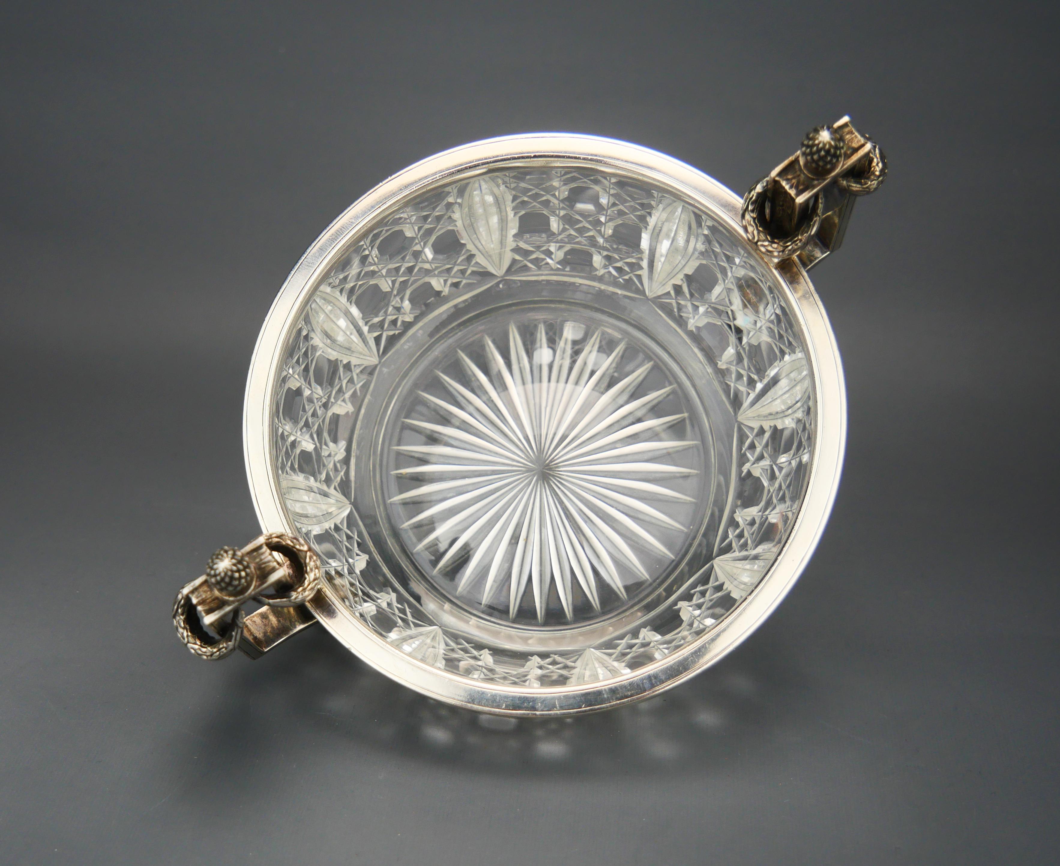 Antique Bowl K.Faberge Russian Empire solid 84 Silver Cut Crystal Glass / 440gr For Sale 4