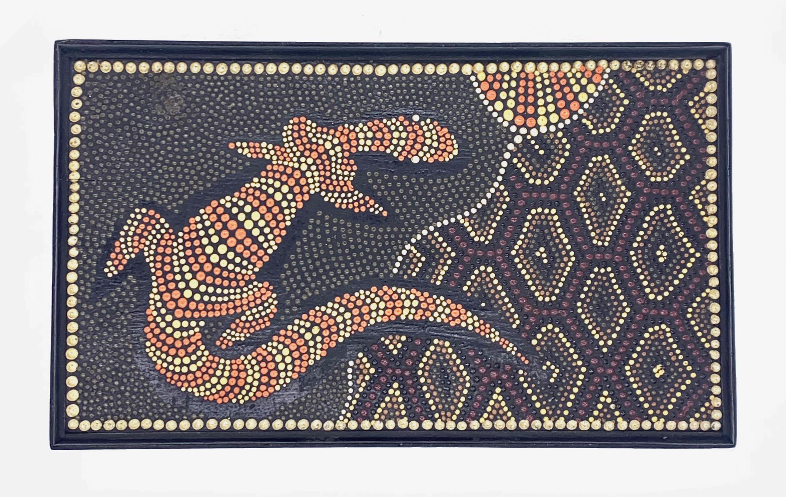 Australian Antique Box Casket Australien Aboriginal Oil Painting of a Lizard For Sale