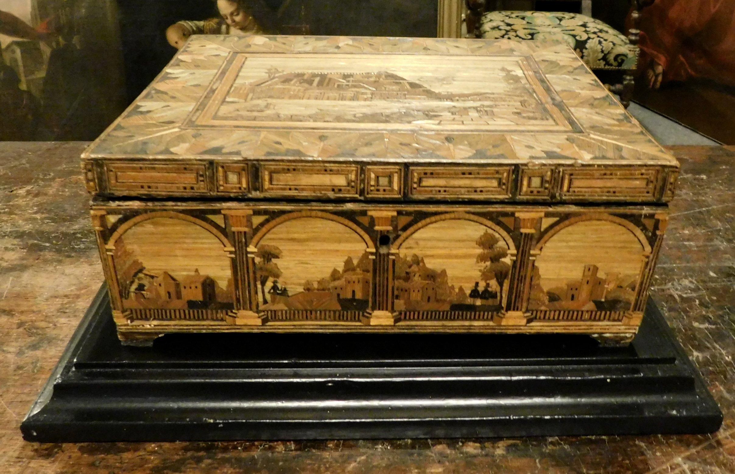 Antique Box in Inlaid Straw Threads, Classic Landscapes on All Sides, '800 Italy For Sale 4