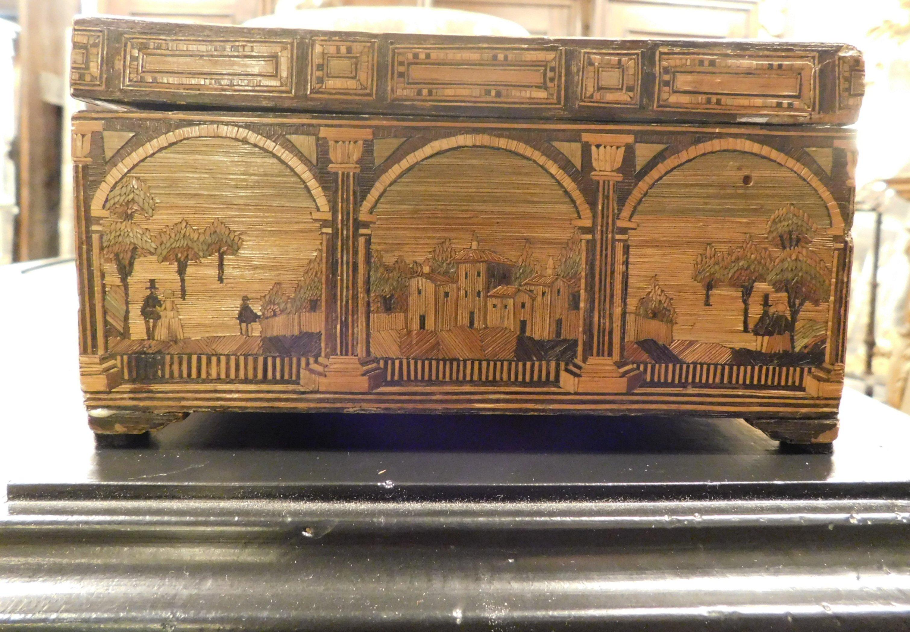 Antique Box in Inlaid Straw Threads, Classic Landscapes on All Sides, '800 Italy For Sale 6