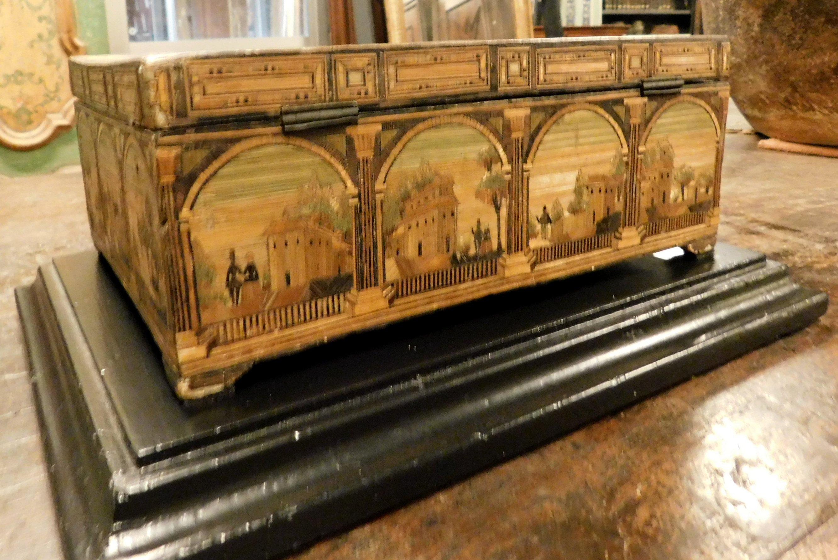 Caja antigua en marquetería de hilos de paja, paisajes clásicos en todos los lados, '800 Italia en venta 6