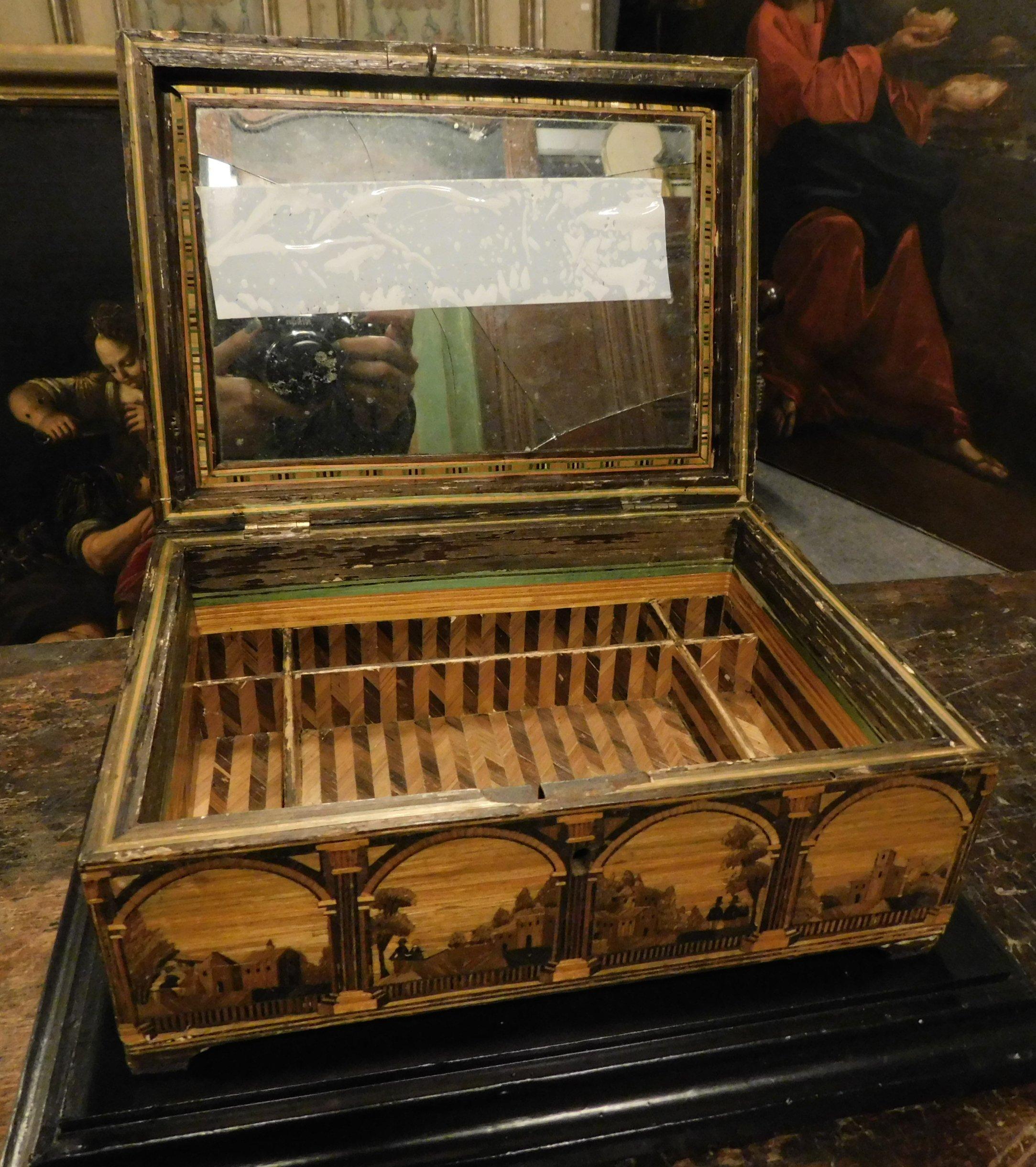 Antique Box in Inlaid Straw Threads, Classic Landscapes on All Sides, '800 Italy For Sale 8