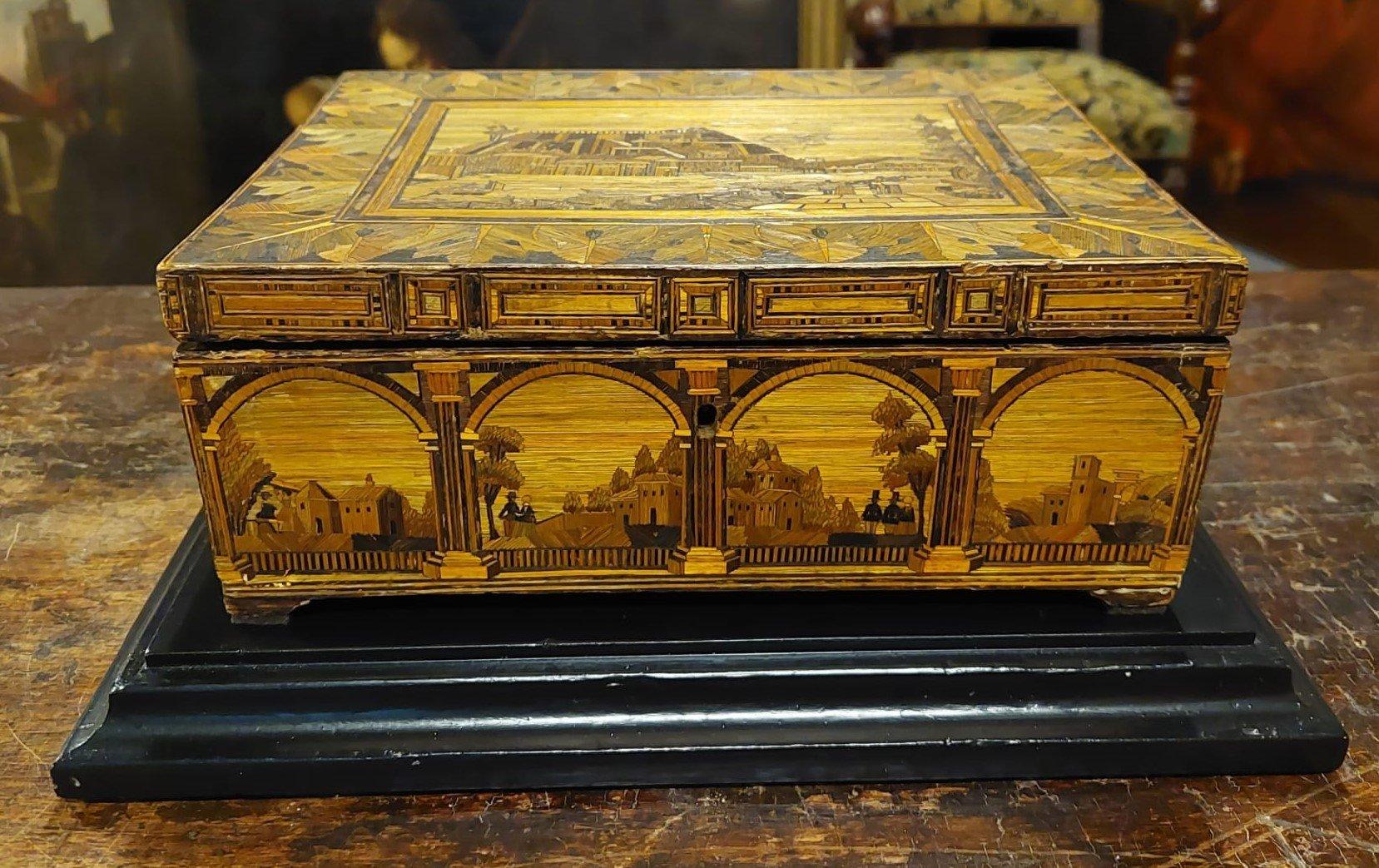 Antique Box in Inlaid Straw Threads, Classic Landscapes on All Sides, '800 Italy For Sale 9