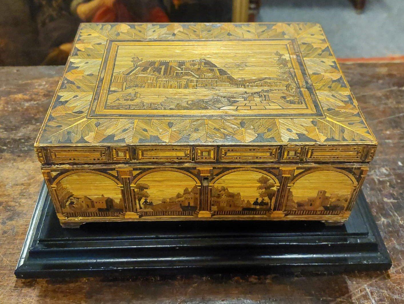 Antique Box in Inlaid Straw Threads, Classic Landscapes on All Sides, '800 Italy For Sale 10