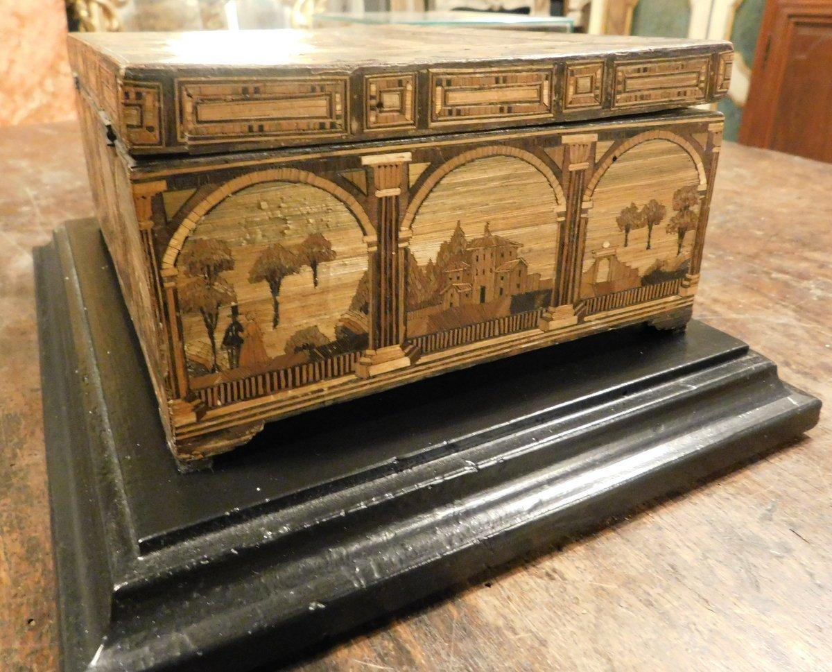 19th Century Antique Box in Inlaid Straw Threads, Classic Landscapes on All Sides, '800 Italy For Sale