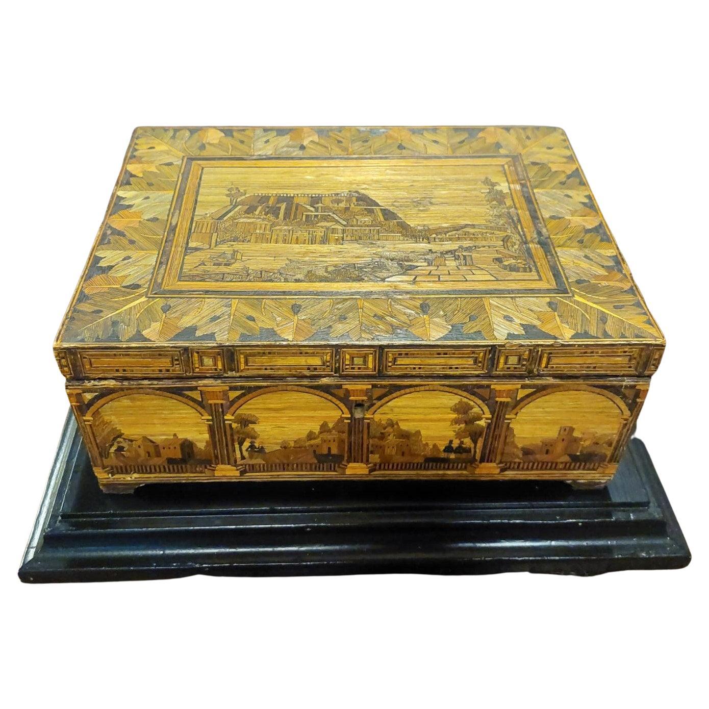 Antique Box in Inlaid Straw Threads, Classic Landscapes on All Sides, '800 Italy