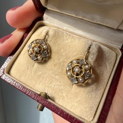 Antique Boxed 18k Gold Diamond Pearl Dangle Earrings
