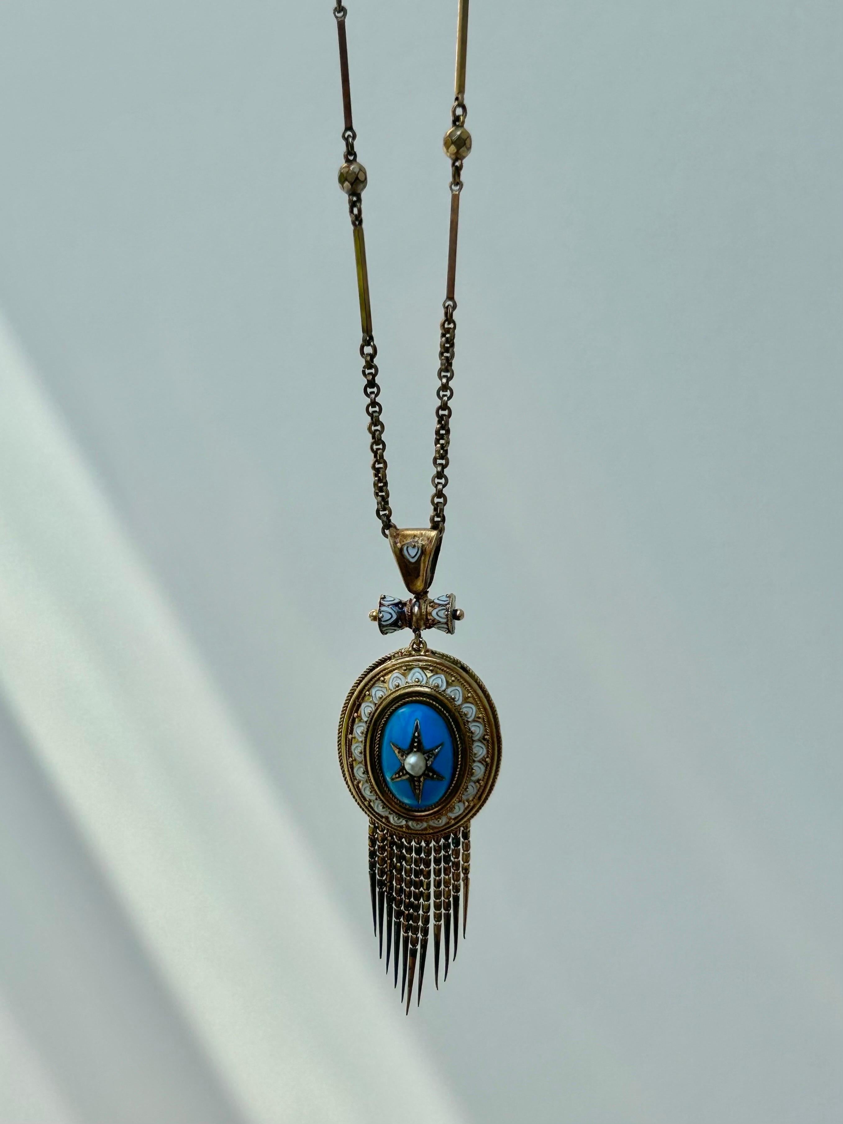 Antique Boxed Blue and White Enamel and Pearl Fringe Locket Back Pendant  In Good Condition For Sale In Chipping Campden, GB