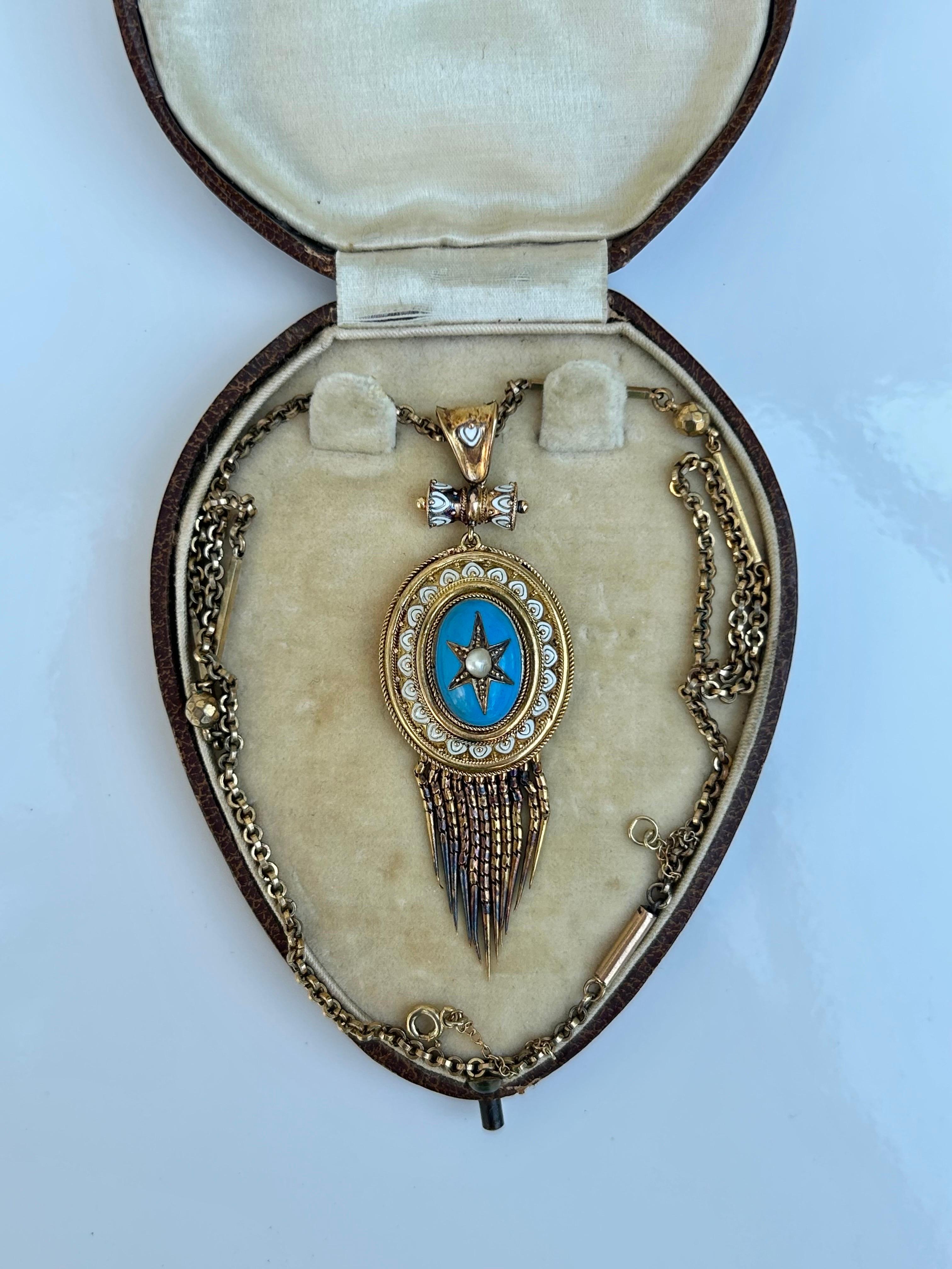 Women's or Men's Antique Boxed Blue and White Enamel and Pearl Fringe Locket Back Pendant  For Sale