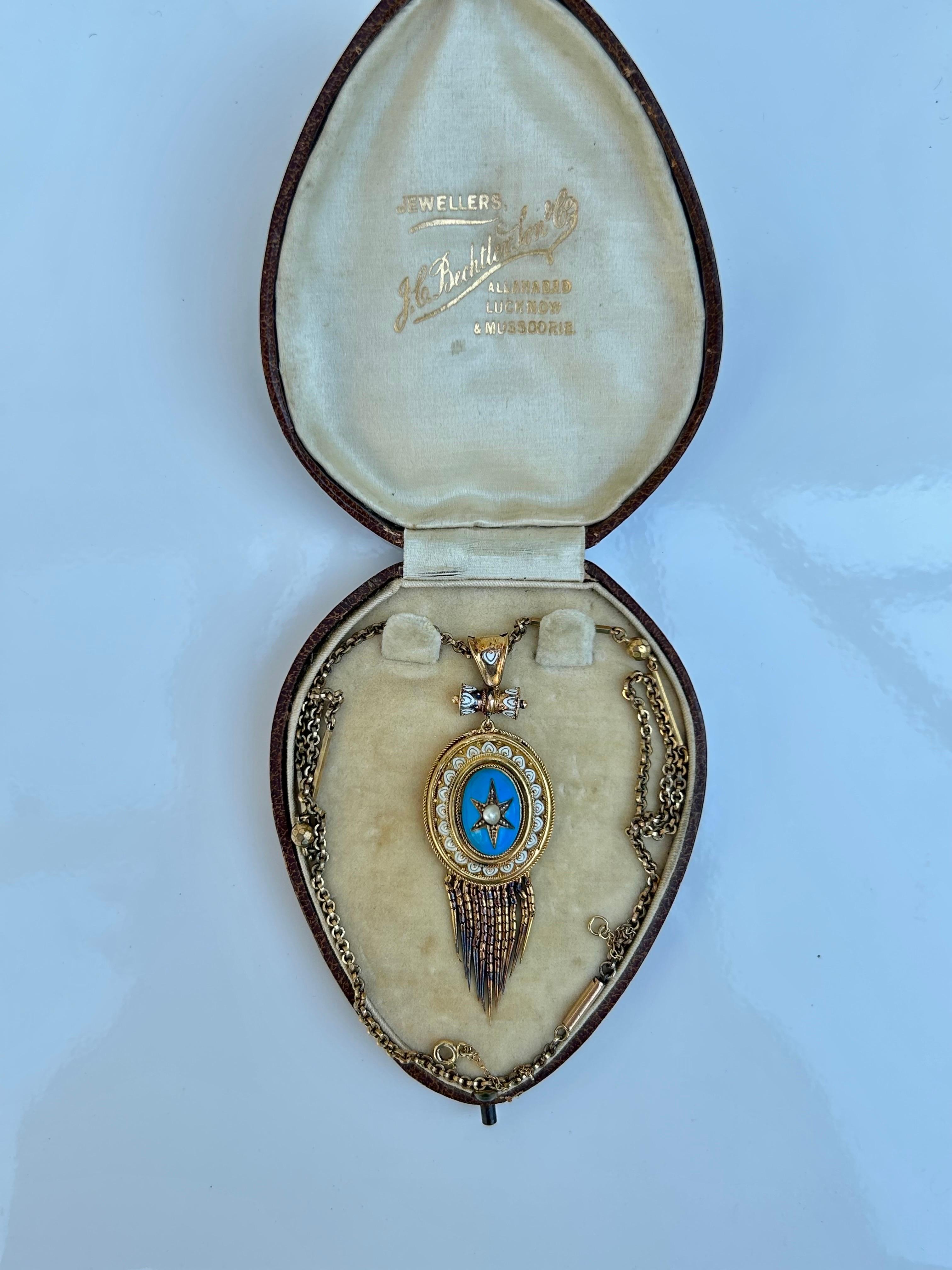 Antique Boxed Blue and White Enamel and Pearl Fringe Locket Back Pendant  For Sale 1