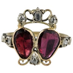 Antique Boxed Crowned Double Heart Garnet and Diamond Ring