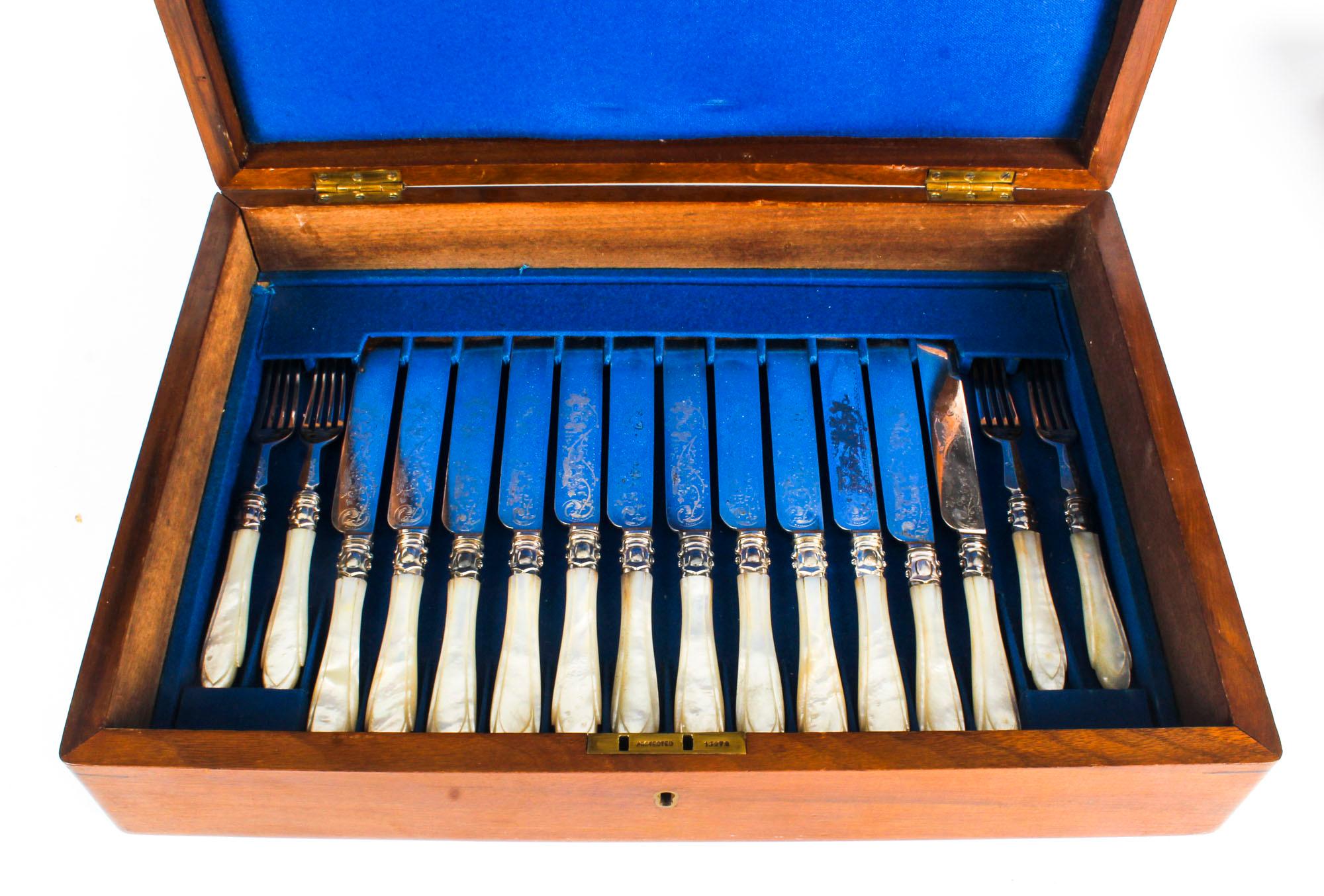 Antique Boxed Set 12 Pairs Mother of Pearl Fruit Forks Knives Spoons Etc 4