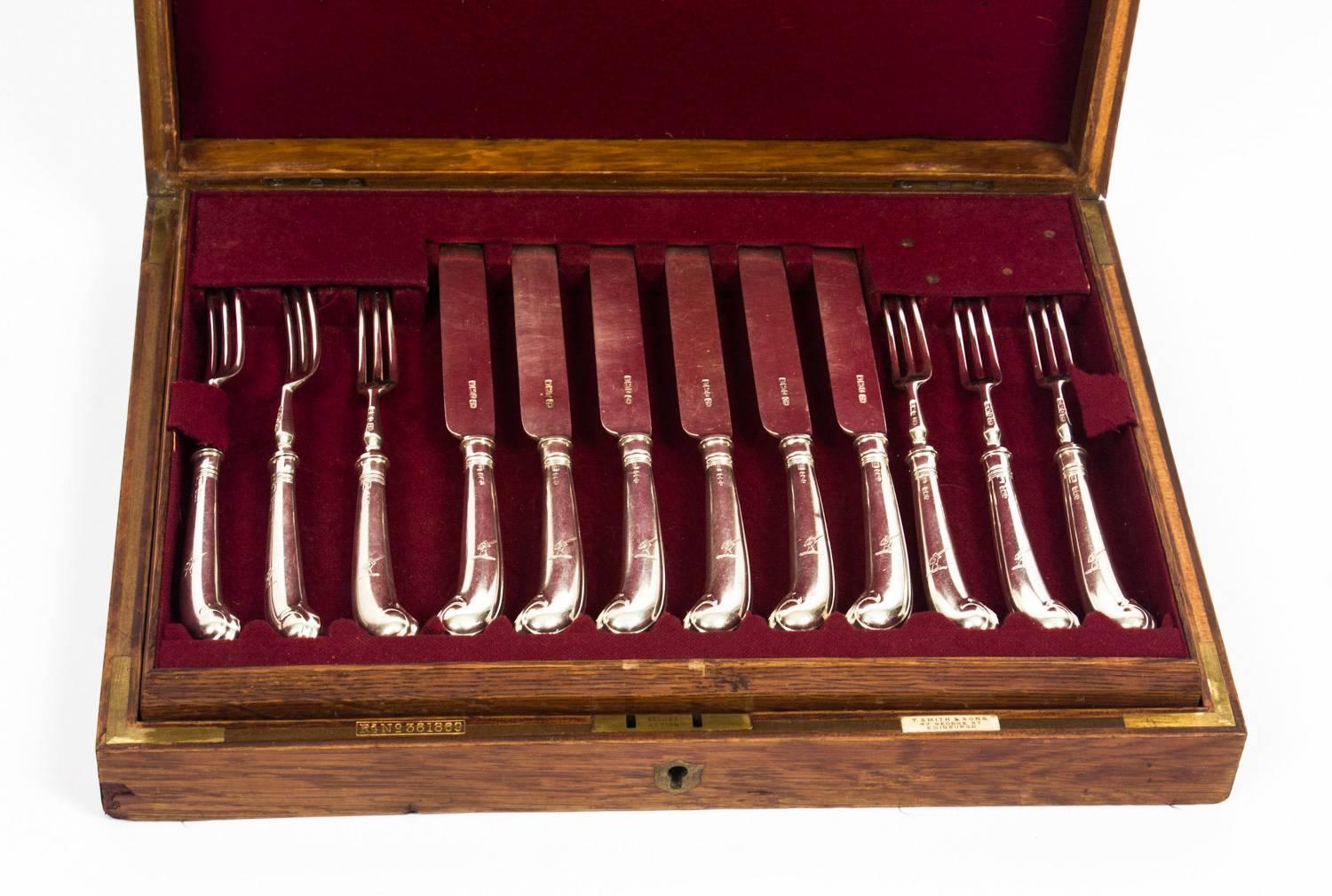 This is a beautiful antique and rare English walnut boxed set of 12 pairs of sterling silver fruit forks and knives, with hallmarks for Sheffield, 1905 and the makers mark of the renowned silversmith Harrison Brothers & George Howson.

All with