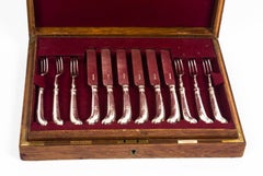 Antique Boxed Set of 12 Pairs Pistol Grip Fruit Forks and Knives, 1905