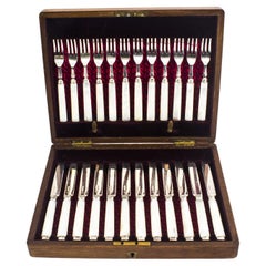 Antique Boxed Set 12 Pairs sterling Silver Fruit Forks & Knives, 1892