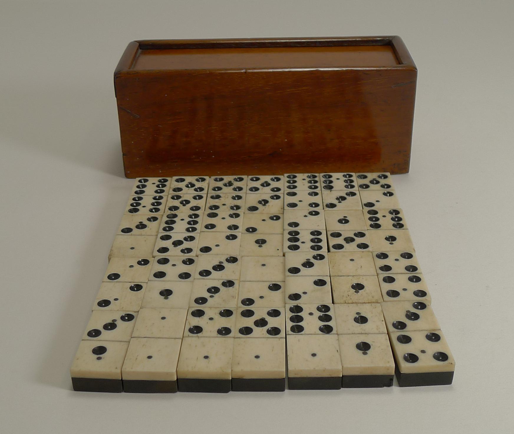 Antique Boxed Set English Bone and Ebony Dominoes, circa 1910 1