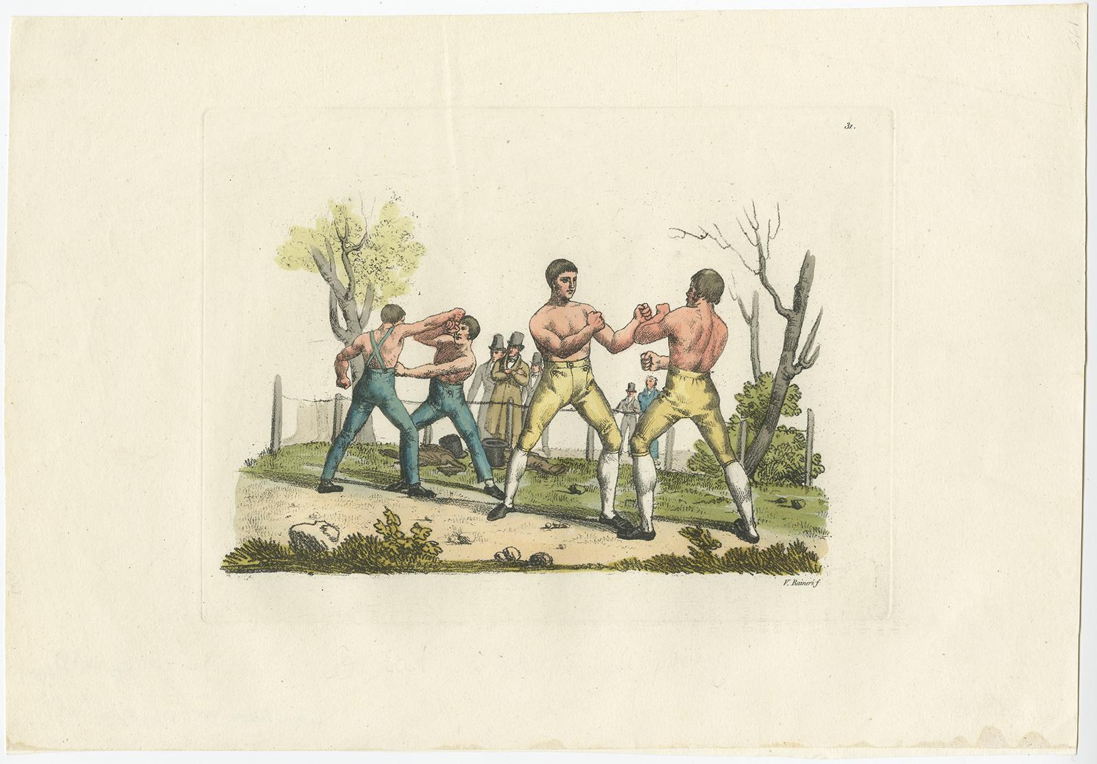 Untitled print depicting boxing men in England. This print originates from 'Costume Antico e Moderno' by Giulio Ferrario, published in Milan, 1819.