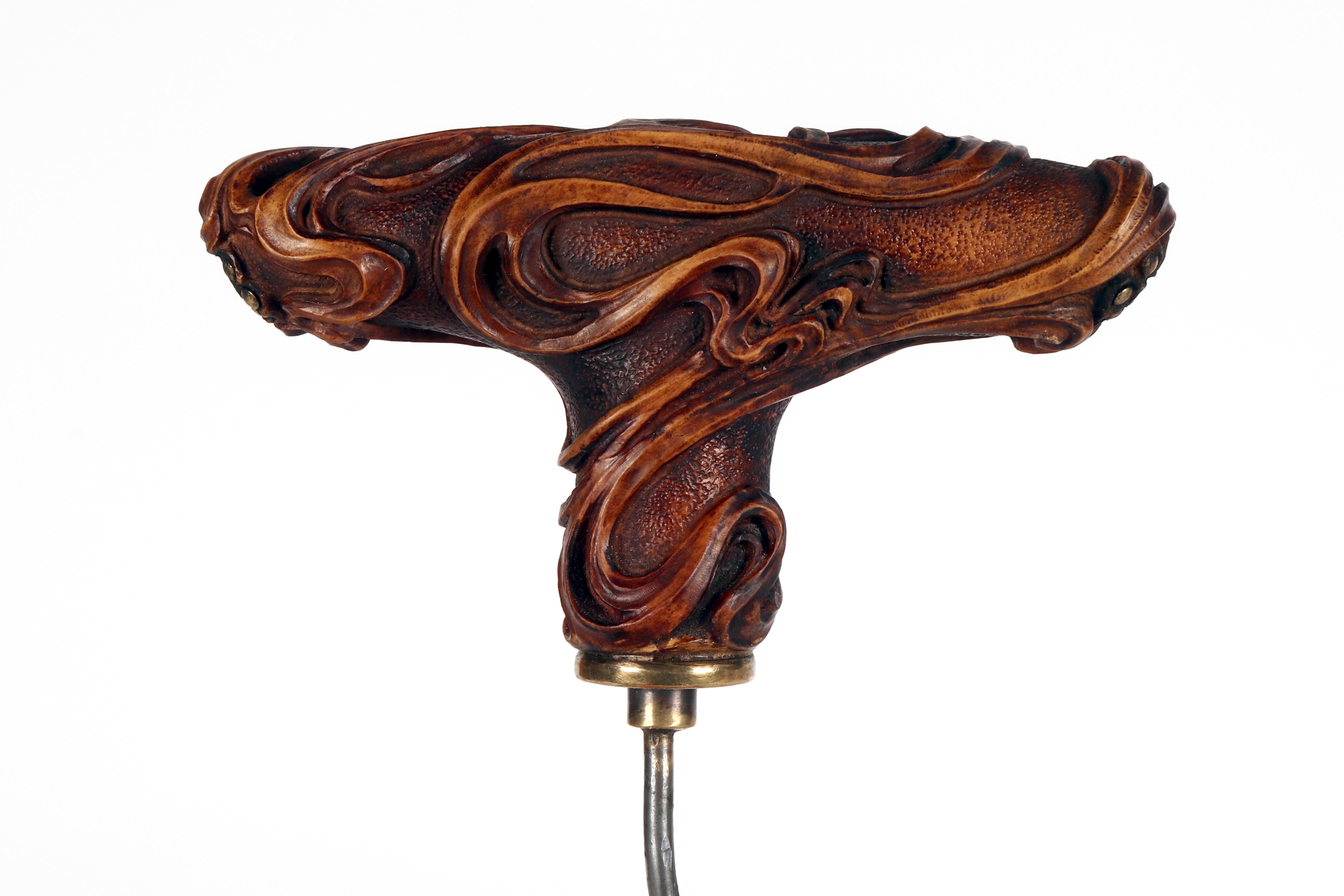 Brass Antique boxwood Art Nouveau corkscrew, France 1900. For Sale