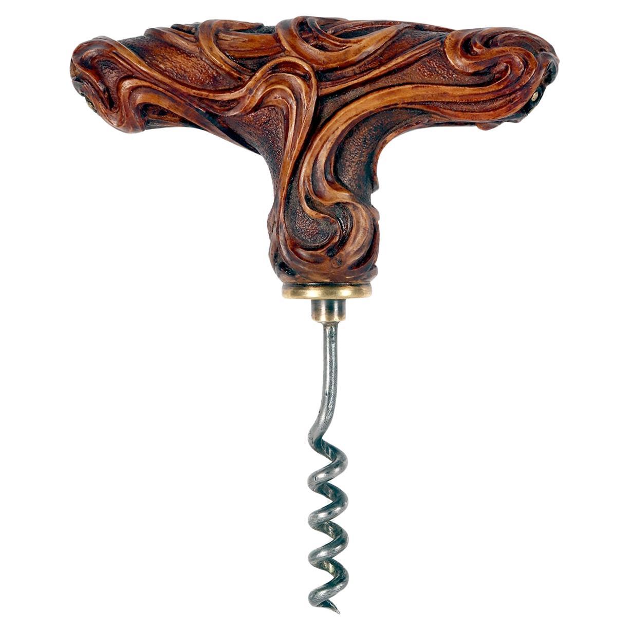 Antique boxwood Art Nouveau corkscrew, France 1900.