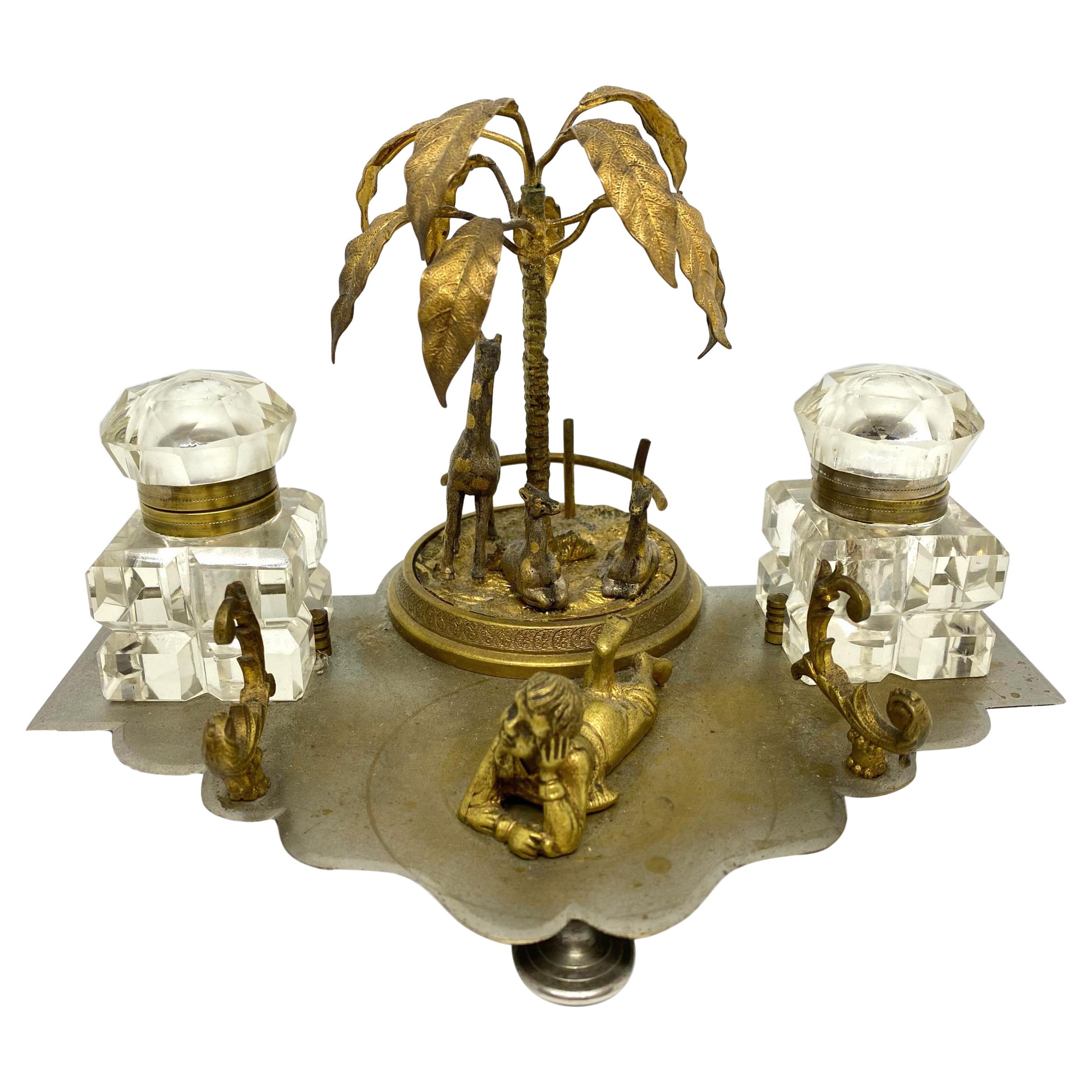 Antique Boy in Zoo Giraffe Tree Inkwell Metal and Crystal Glass, Austria, 1890s For Sale