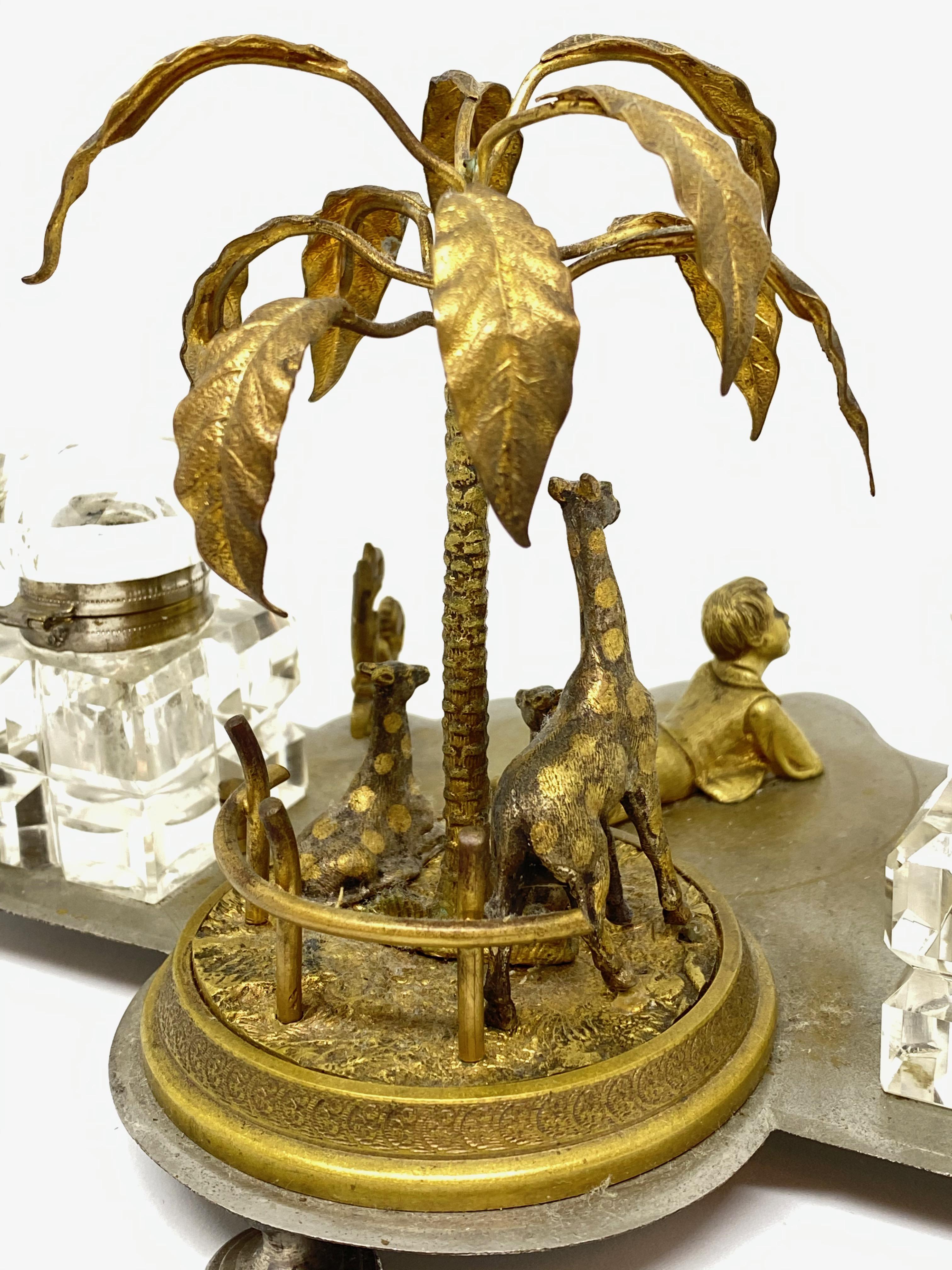 Antique Boy in Zoo Giraffe Tree Inkwell Metal and Crystal Glass, Austria, 1890s For Sale 6