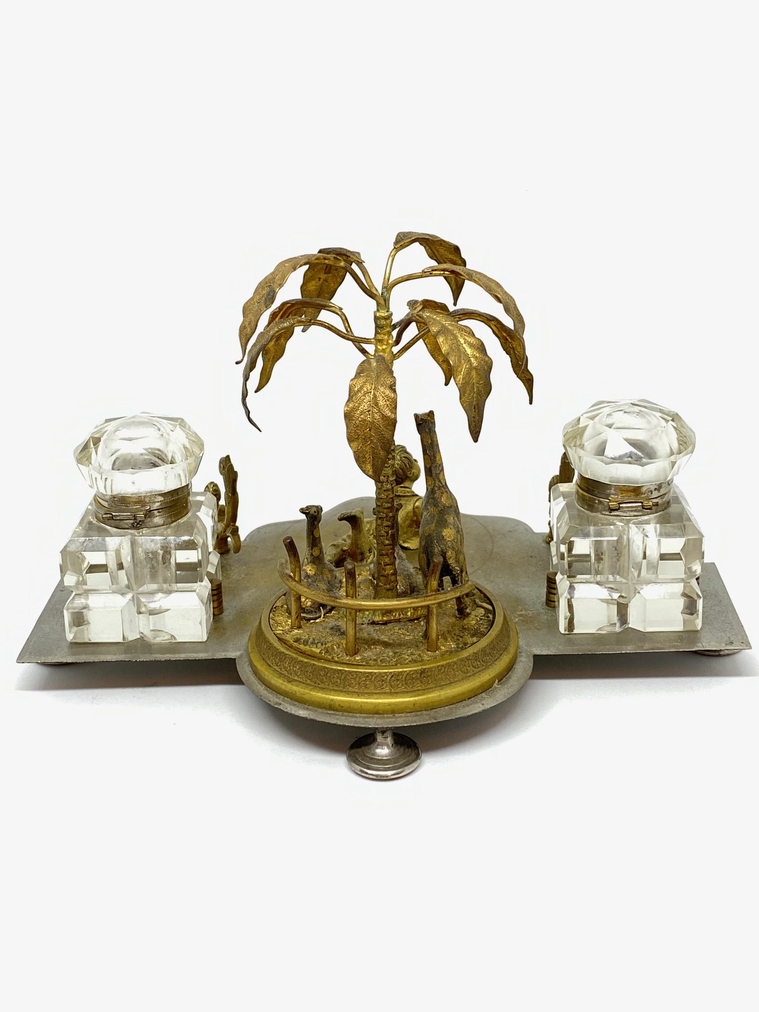 Antique Boy in Zoo Giraffe Tree Inkwell Metal and Crystal Glass, Austria, 1890s For Sale 7