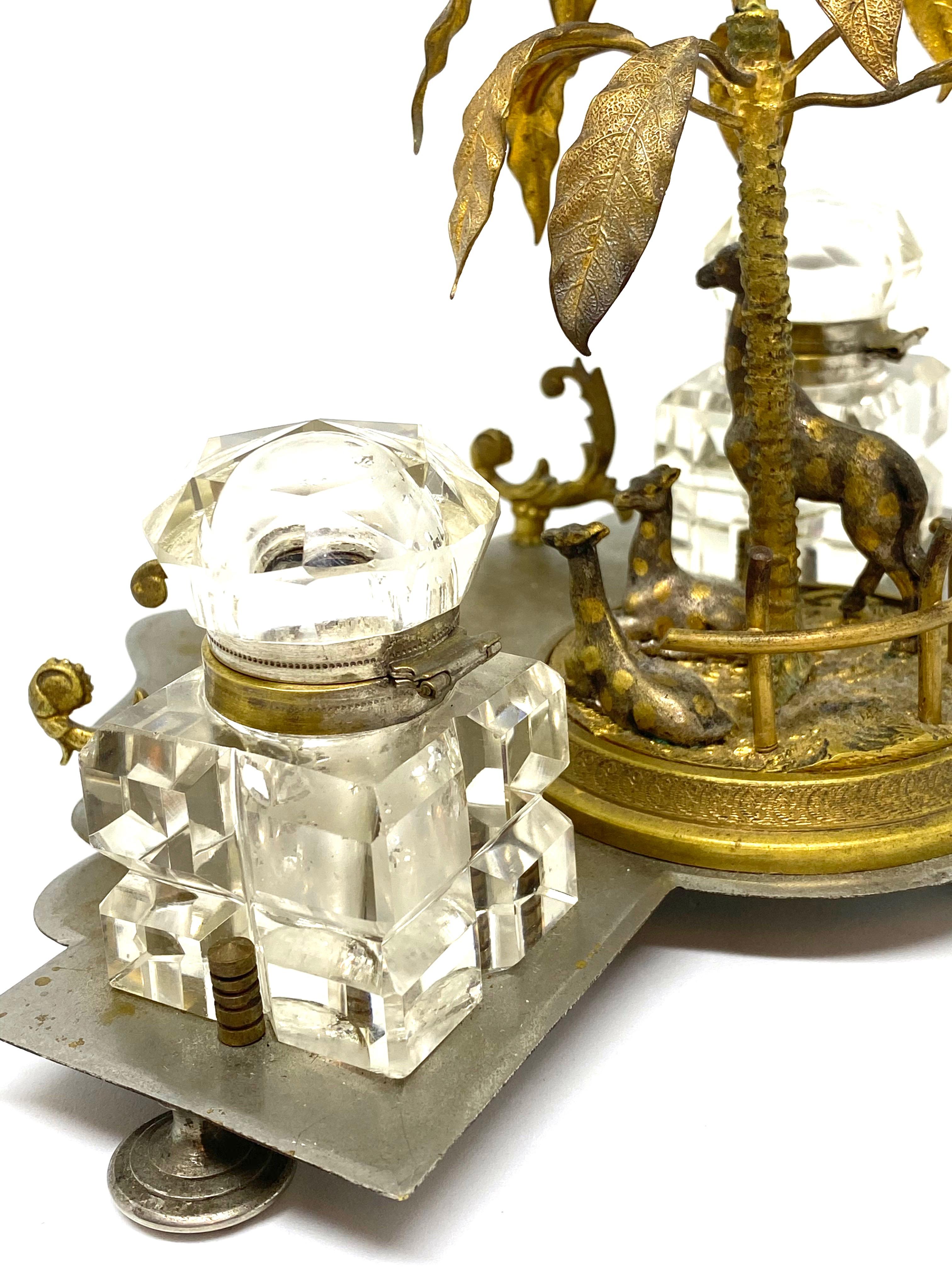 Antique Boy in Zoo Giraffe Tree Inkwell Metal and Crystal Glass, Austria, 1890s For Sale 8