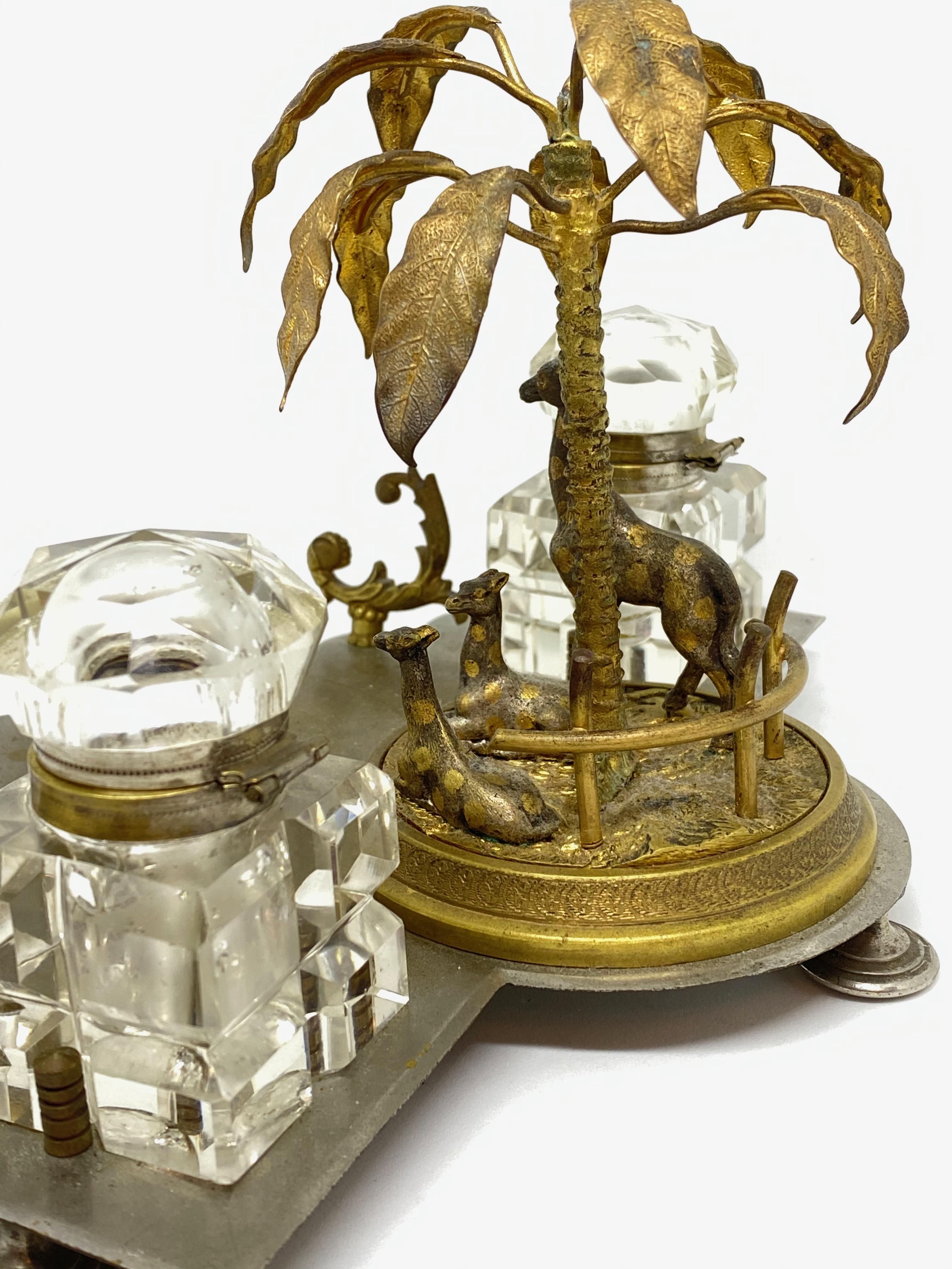 Antique Boy in Zoo Giraffe Tree Inkwell Metal and Crystal Glass, Austria, 1890s For Sale 9