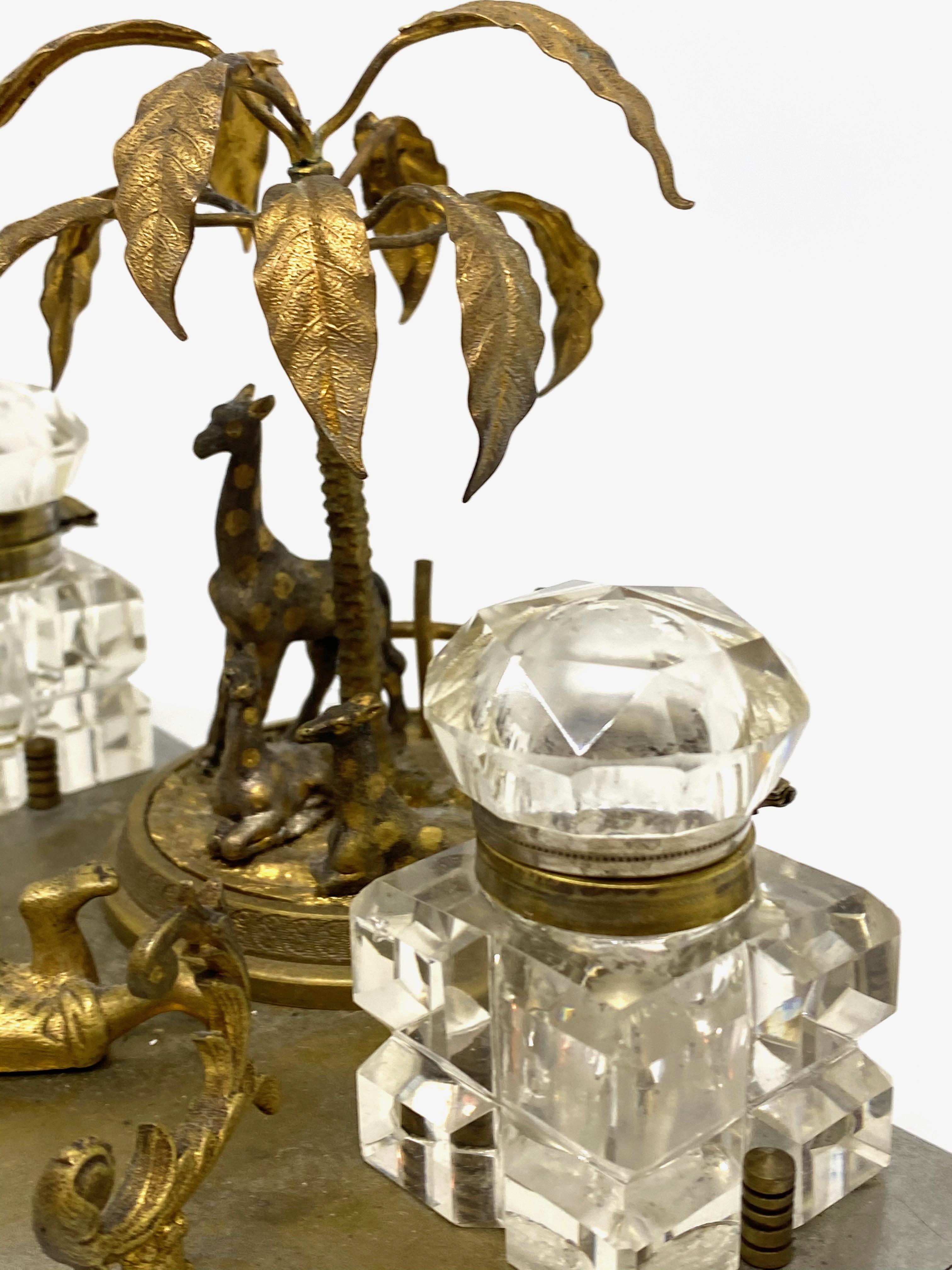 Antique Boy in Zoo Giraffe Tree Inkwell Metal and Crystal Glass, Austria, 1890s For Sale 11