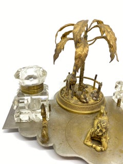 Antique Boy in Zoo Giraffe Tree Inkwell Metal and Crystal Glass, Austria, 1890s