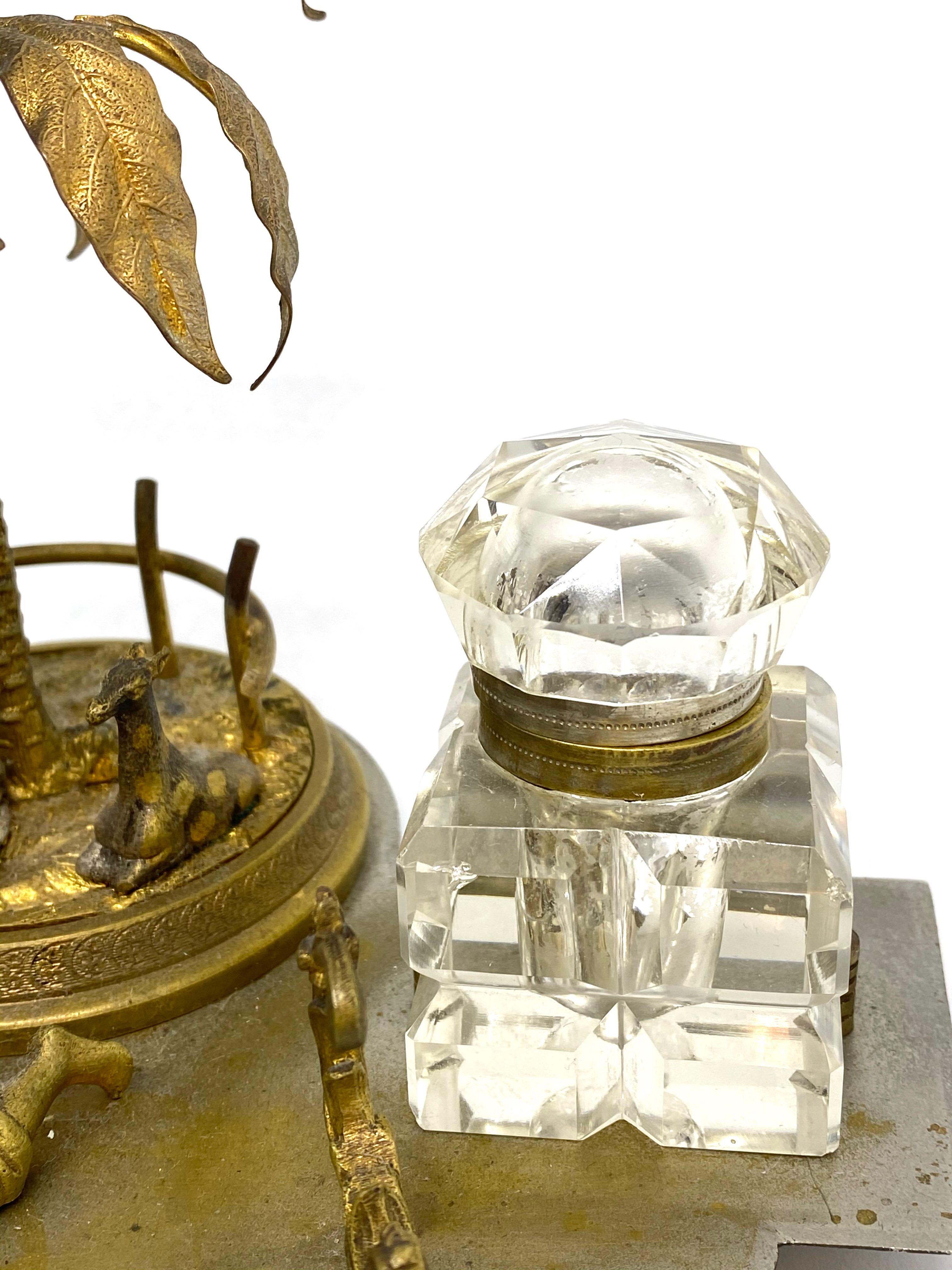 Austrian Antique Boy in Zoo Giraffe Tree Inkwell Metal and Crystal Glass, Austria, 1890s For Sale