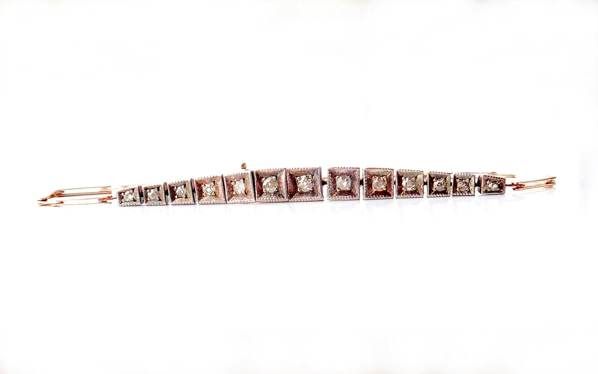 Bracelet ancien 0.7ctw Diamonds solid Rose 18K Gold Silver/ 18cm/ 7.9gr en vente 5