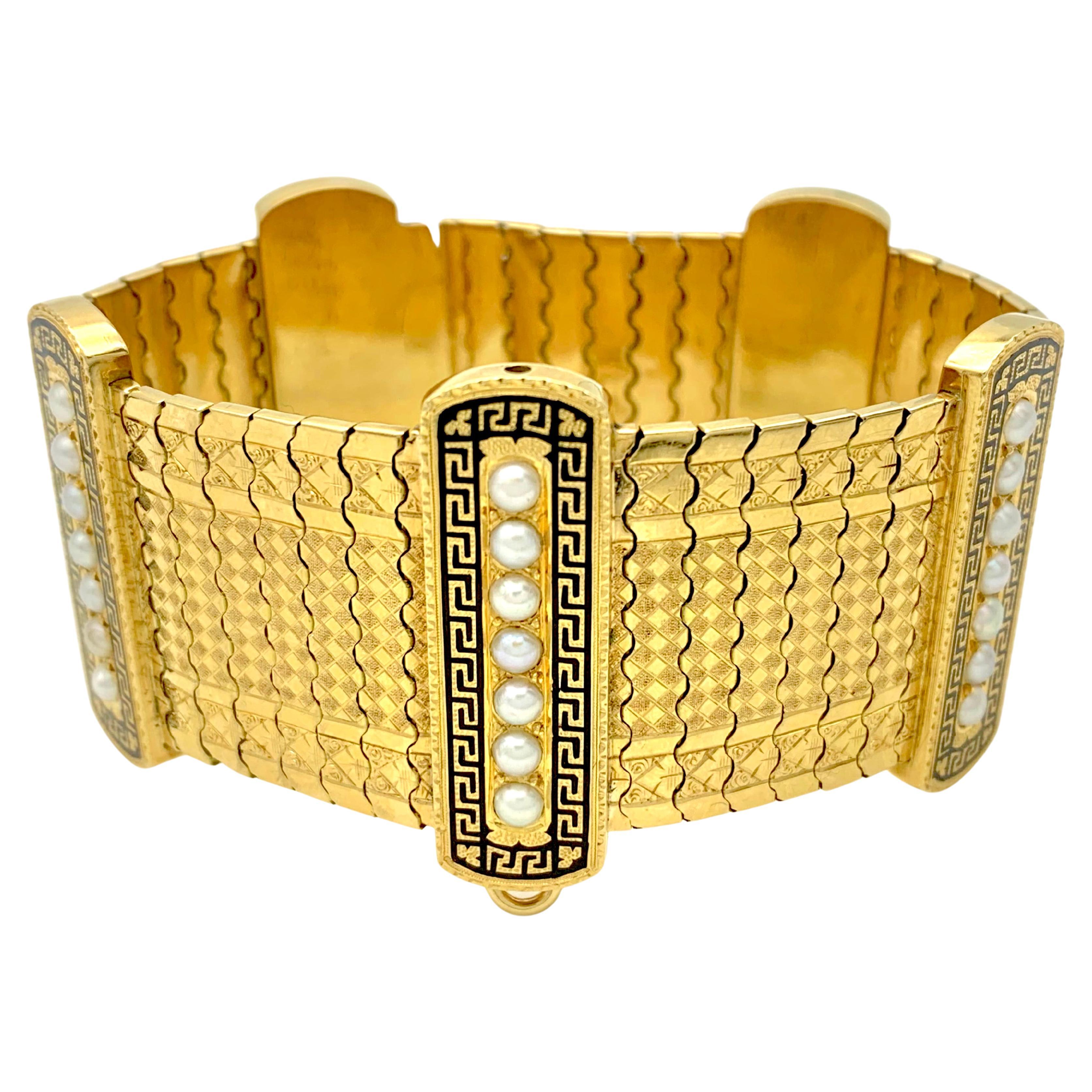 Antique Bracelet 18 Karat Gold Natural Pearl Enamel Greek Key Pattern France For Sale