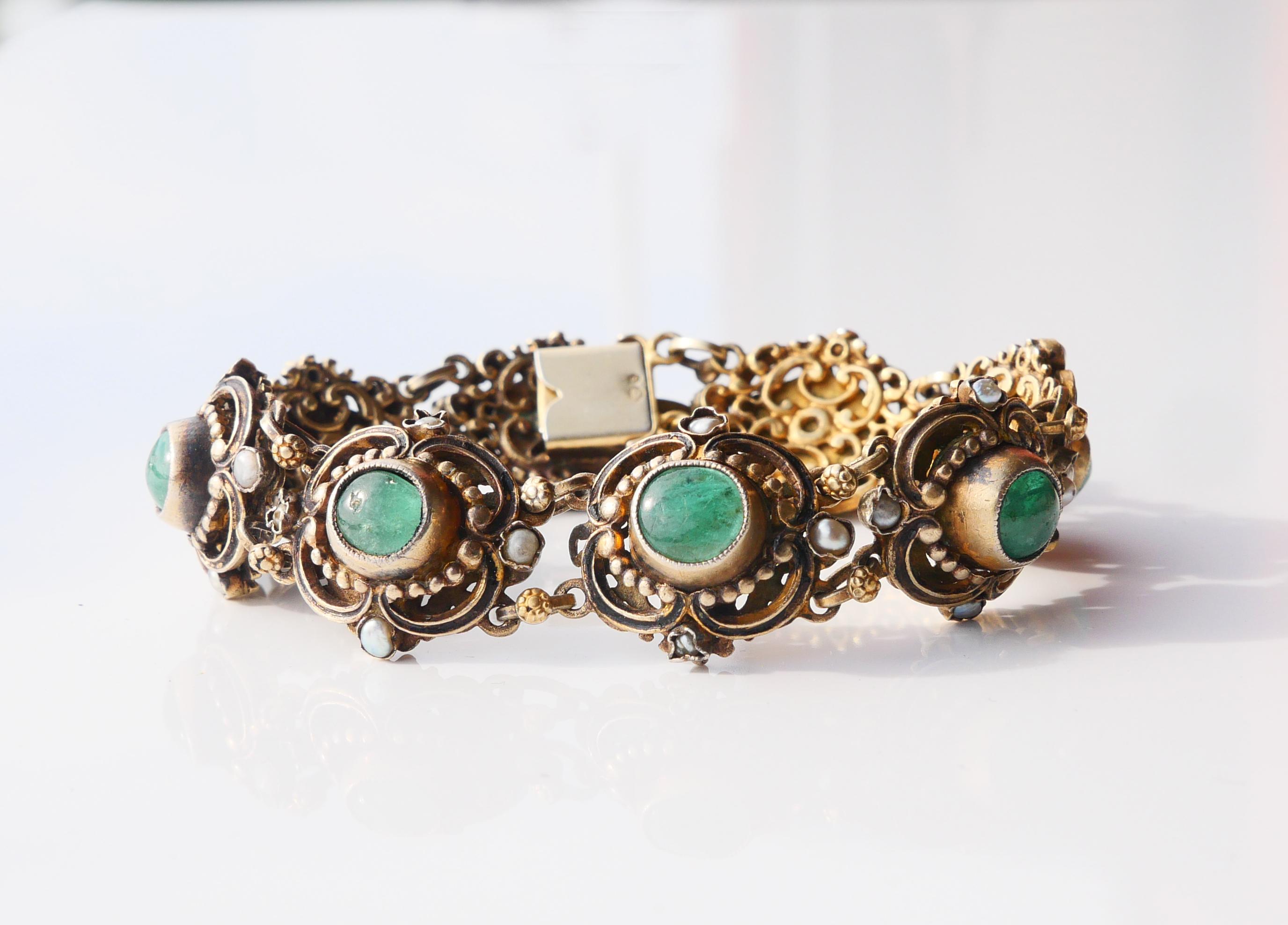 Antique Bracelet 20ctw natural Emeralds Seed Pearls Enamel/17cm/ 35gr 5