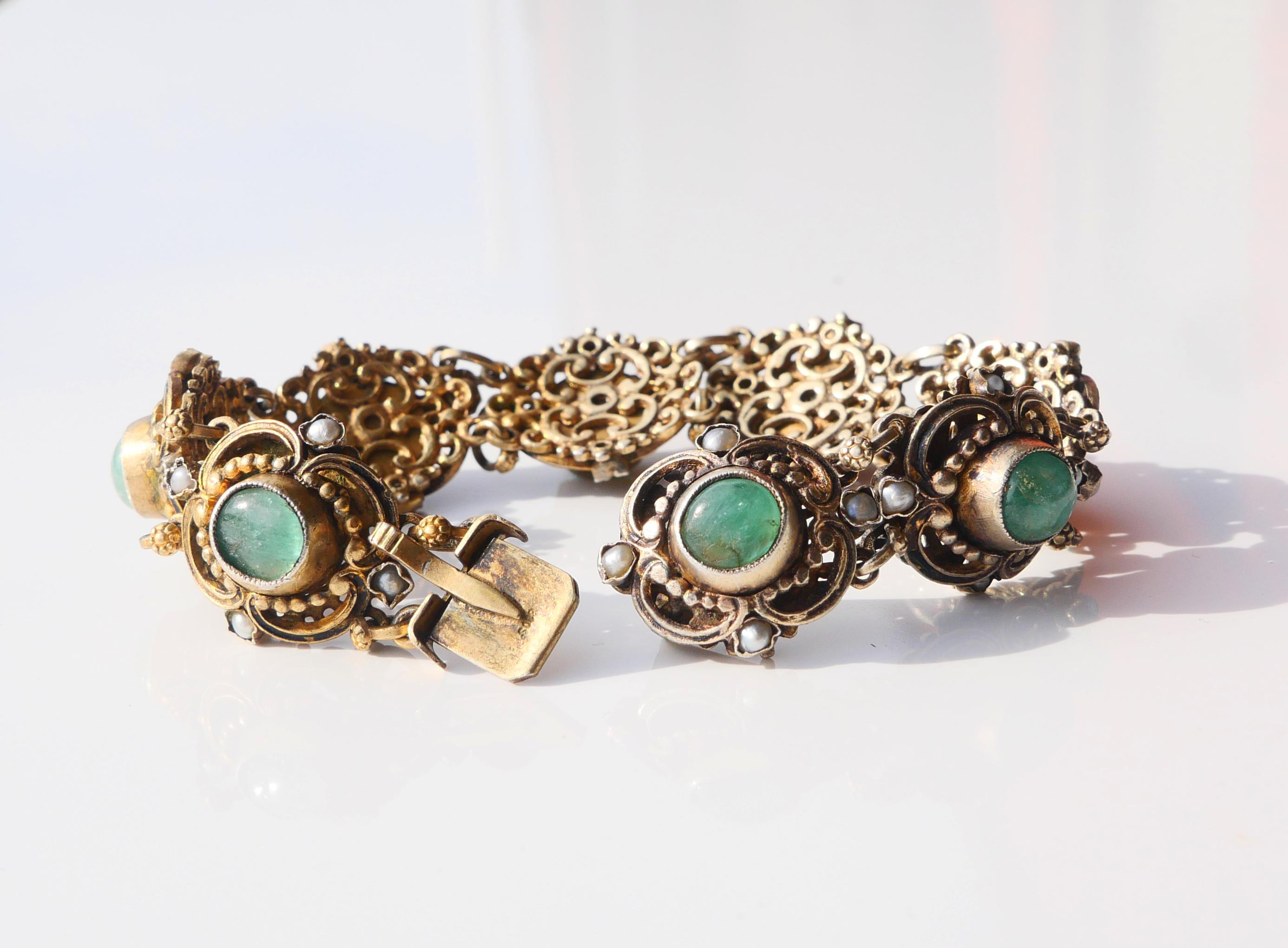 Antique Bracelet 20ctw natural Emeralds Seed Pearls Enamel/17cm/ 35gr 6