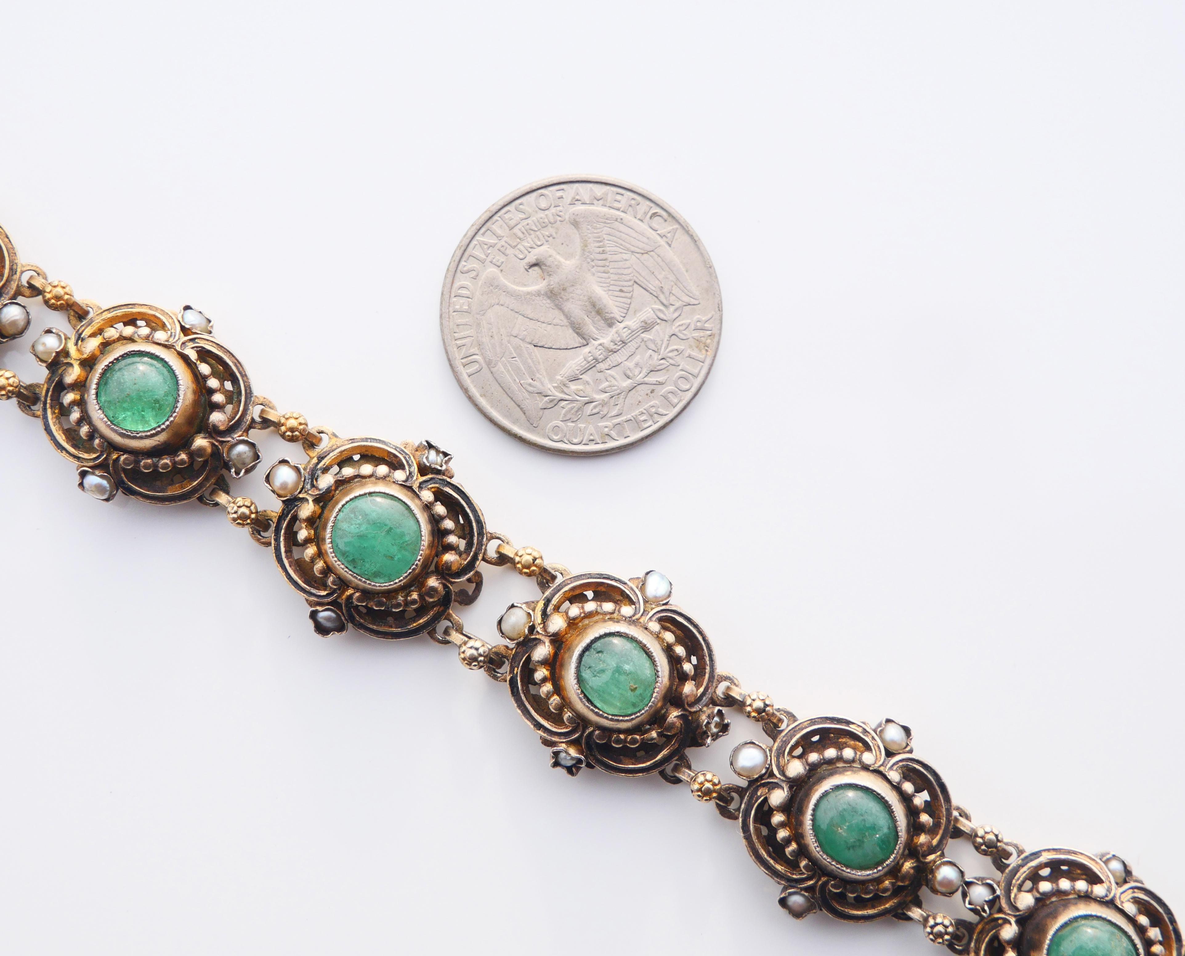 Antique Bracelet 20ctw natural Emeralds Seed Pearls Enamel/17cm/ 35gr 7
