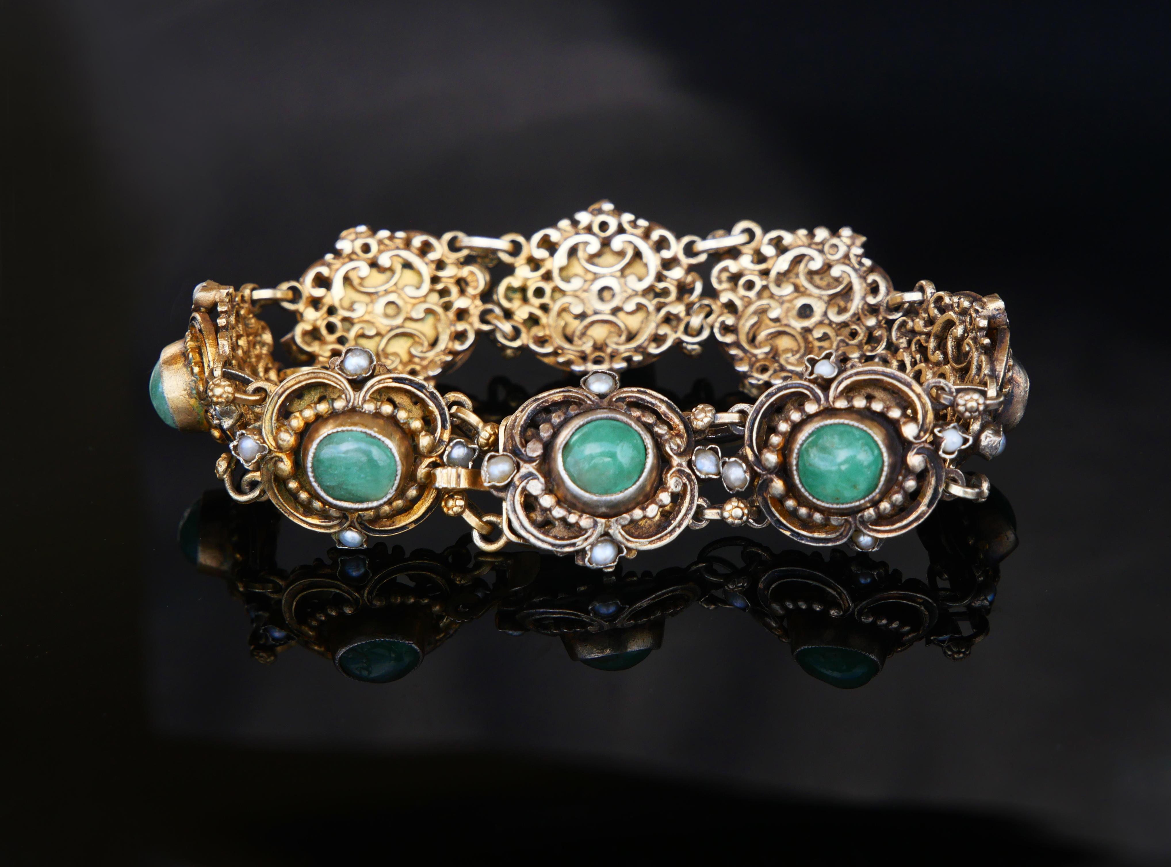 Renaissance styled Austrian – Hungarian or Bohemian Gilt Silver Bracelet hand made circa 1900 - 1920s.

Great example of old Austrian - Hungarian jewelry making School.

Marks of Swedish Customs confirming metal parts in Gilt at least 835 grade