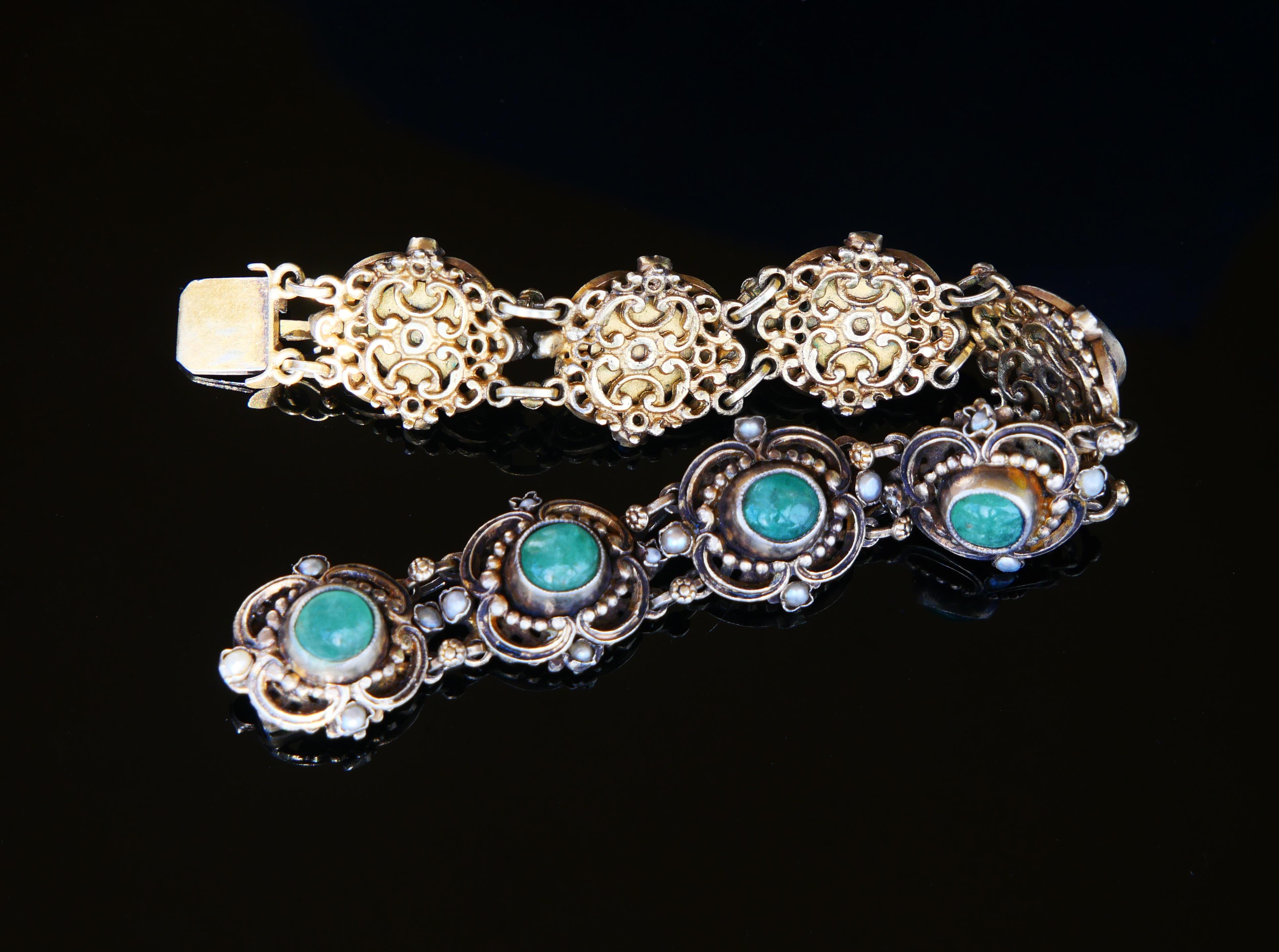 Renaissance Revival Antique Bracelet 20ctw natural Emeralds Seed Pearls Enamel/17cm/ 35gr