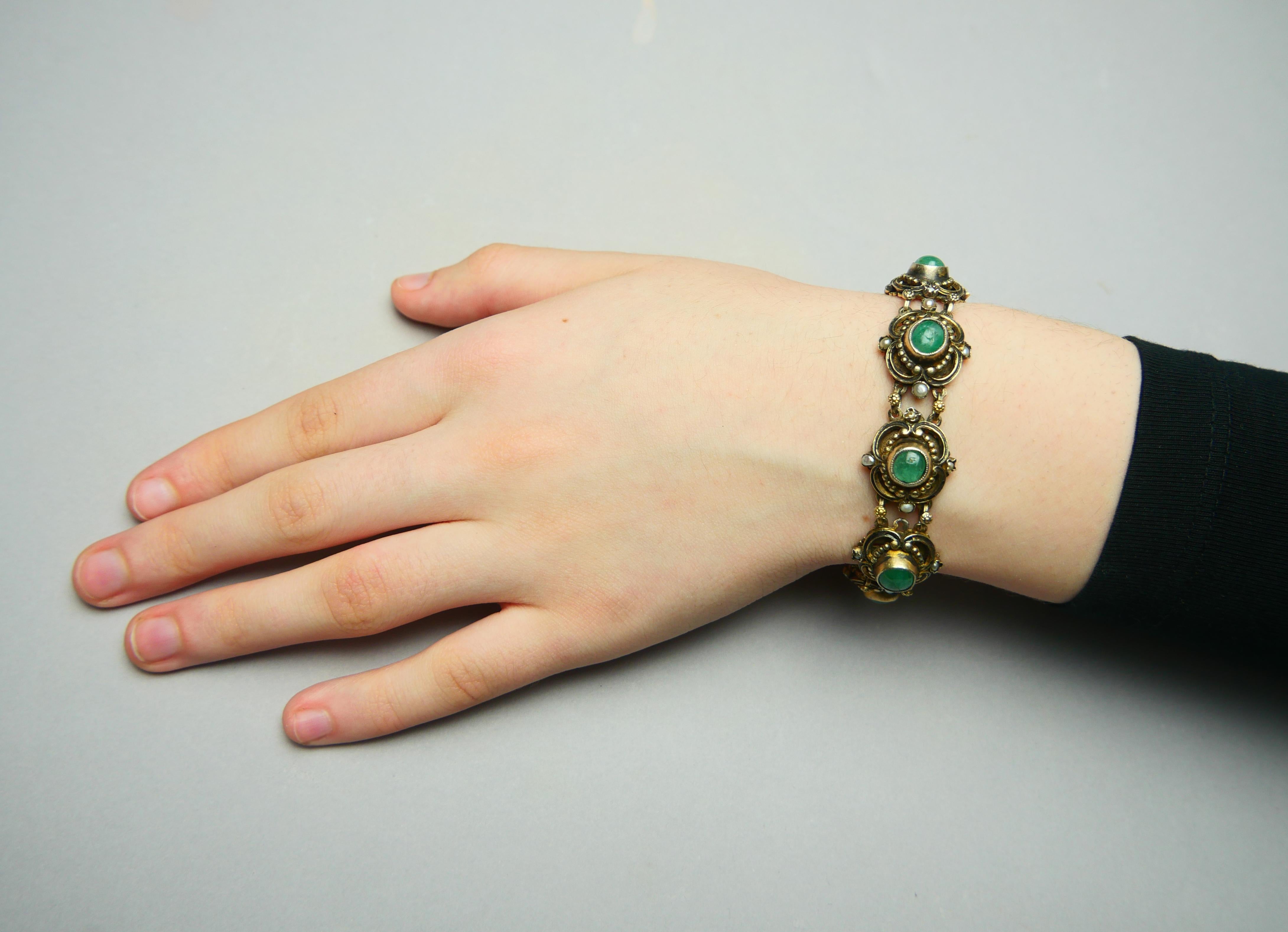 Cabochon Antique Bracelet 20ctw natural Emeralds Seed Pearls Enamel/17cm/ 35gr
