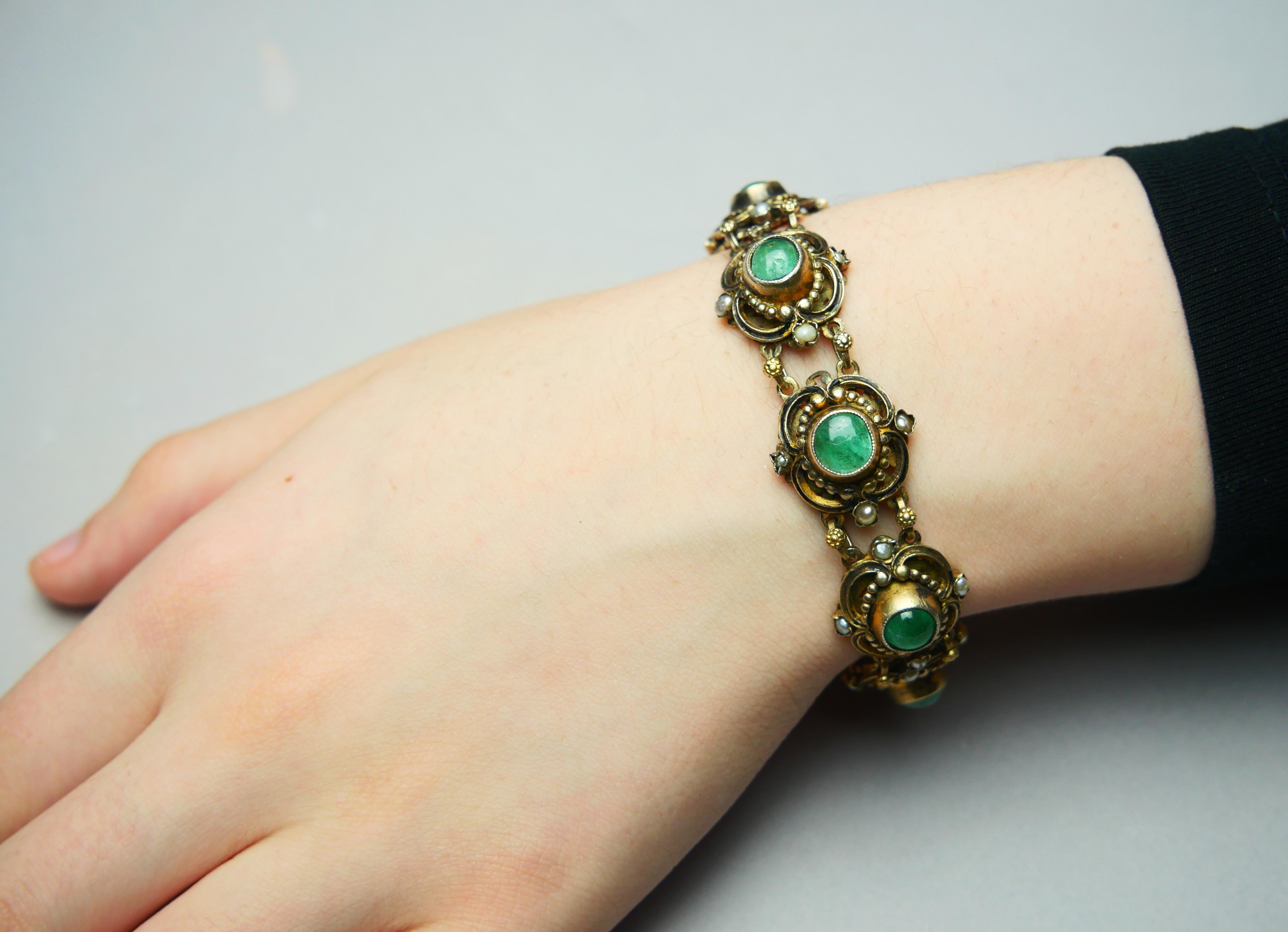 Women's Antique Bracelet 20ctw natural Emeralds Seed Pearls Enamel/17cm/ 35gr