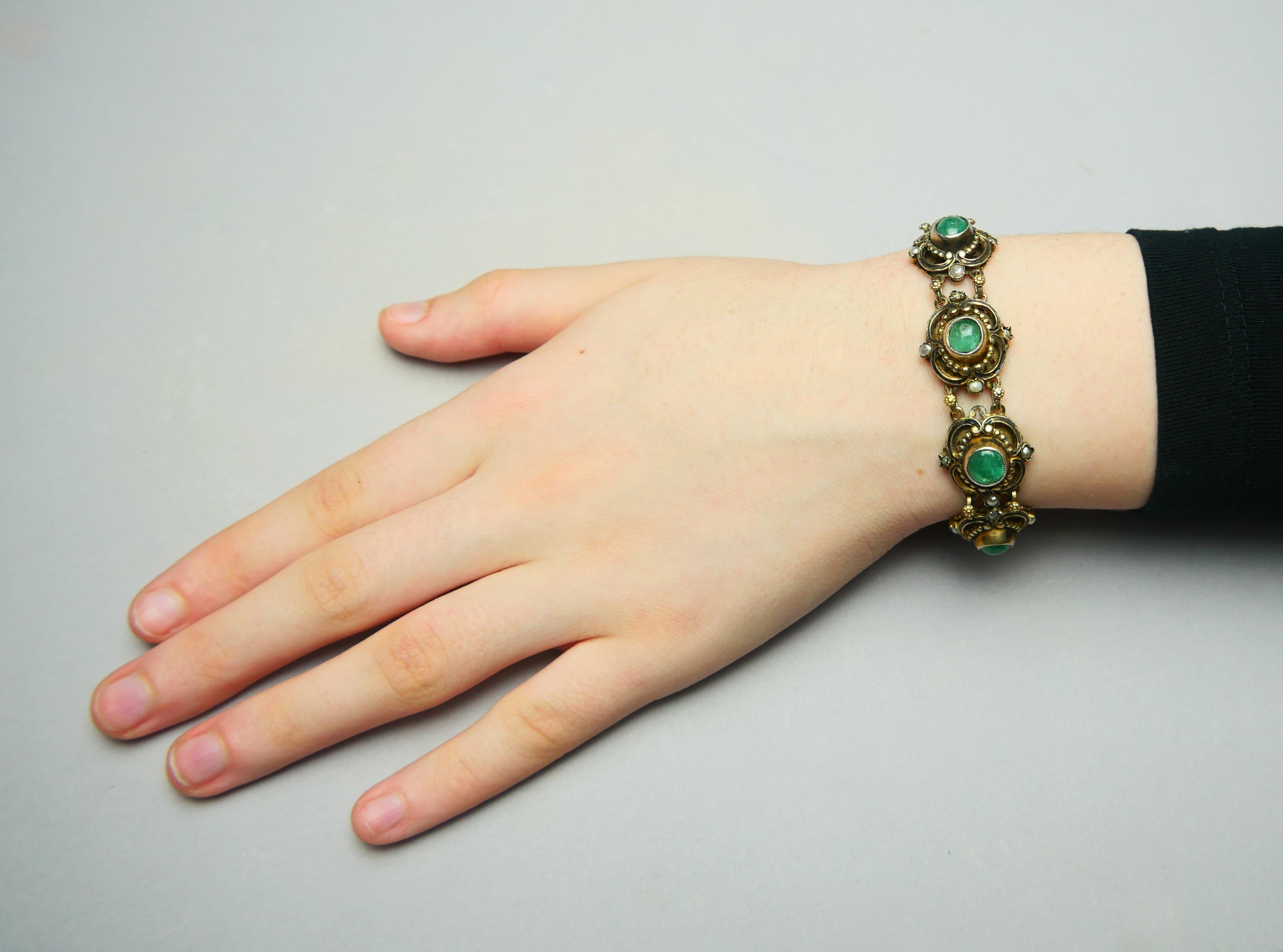Antique Bracelet 20ctw natural Emeralds Seed Pearls Enamel/17cm/ 35gr 1