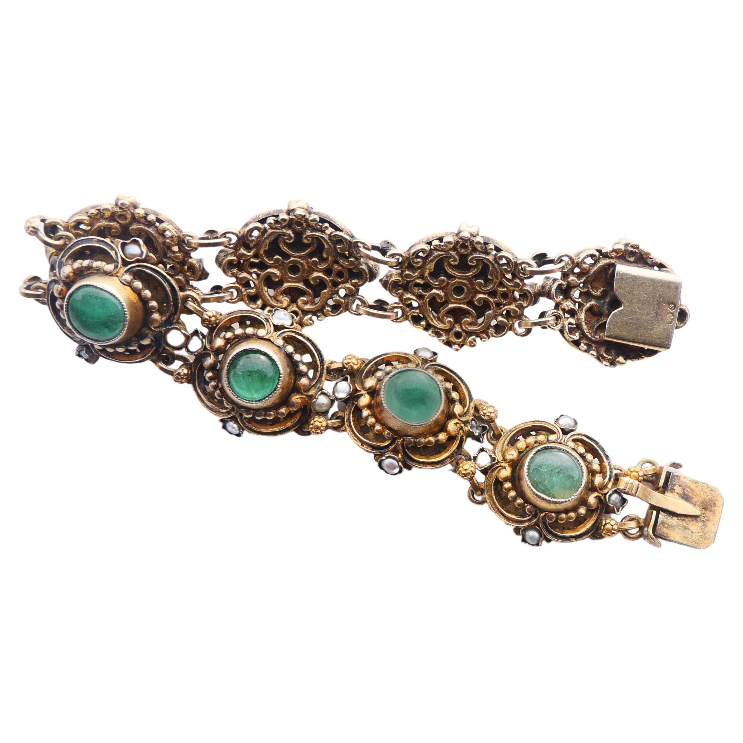 Antique Bracelet 20ctw natural Emeralds Seed Pearls Enamel/17cm/ 35gr
