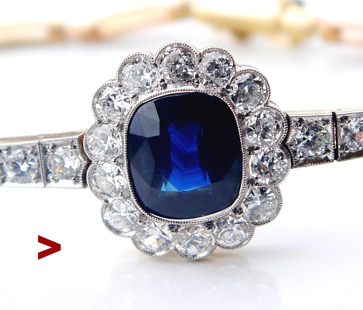 Beautiful German Art Deco period bracelet made in the 1920s -1930s.

Solid 18K Yellow Gold and Platinum with natural and untreated Blue Sapphire and 20 old diamond-cut Diamonds. All stones have their backs open.

The floret measures 17 mm x 15 mm x